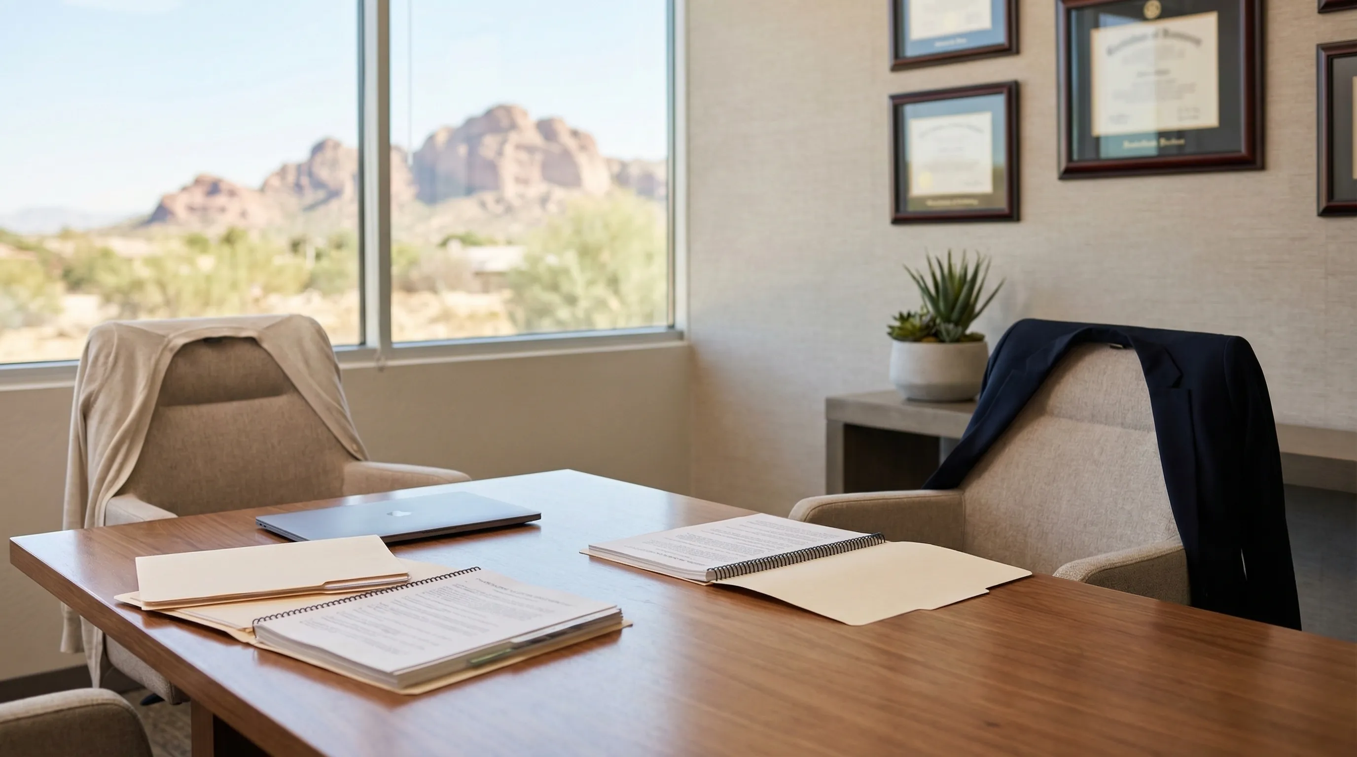 Professional attorney consulting with client at conference table in modern Mesa, AZ law office with documents and laptop visible