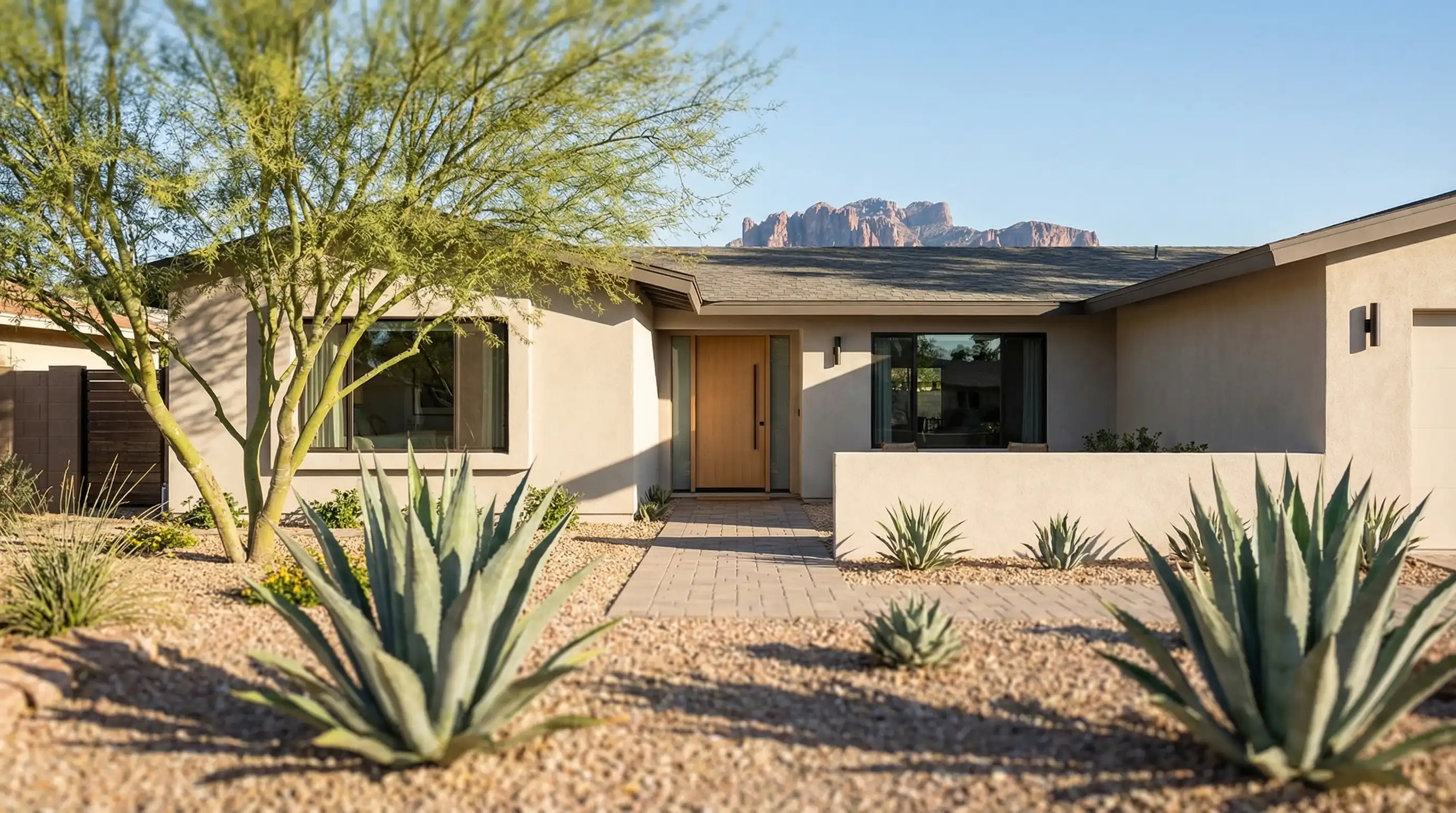 Real estate agent presenting market analysis to homeowners at kitchen island in modern Mesa, AZ home with desert landscaping visible through window