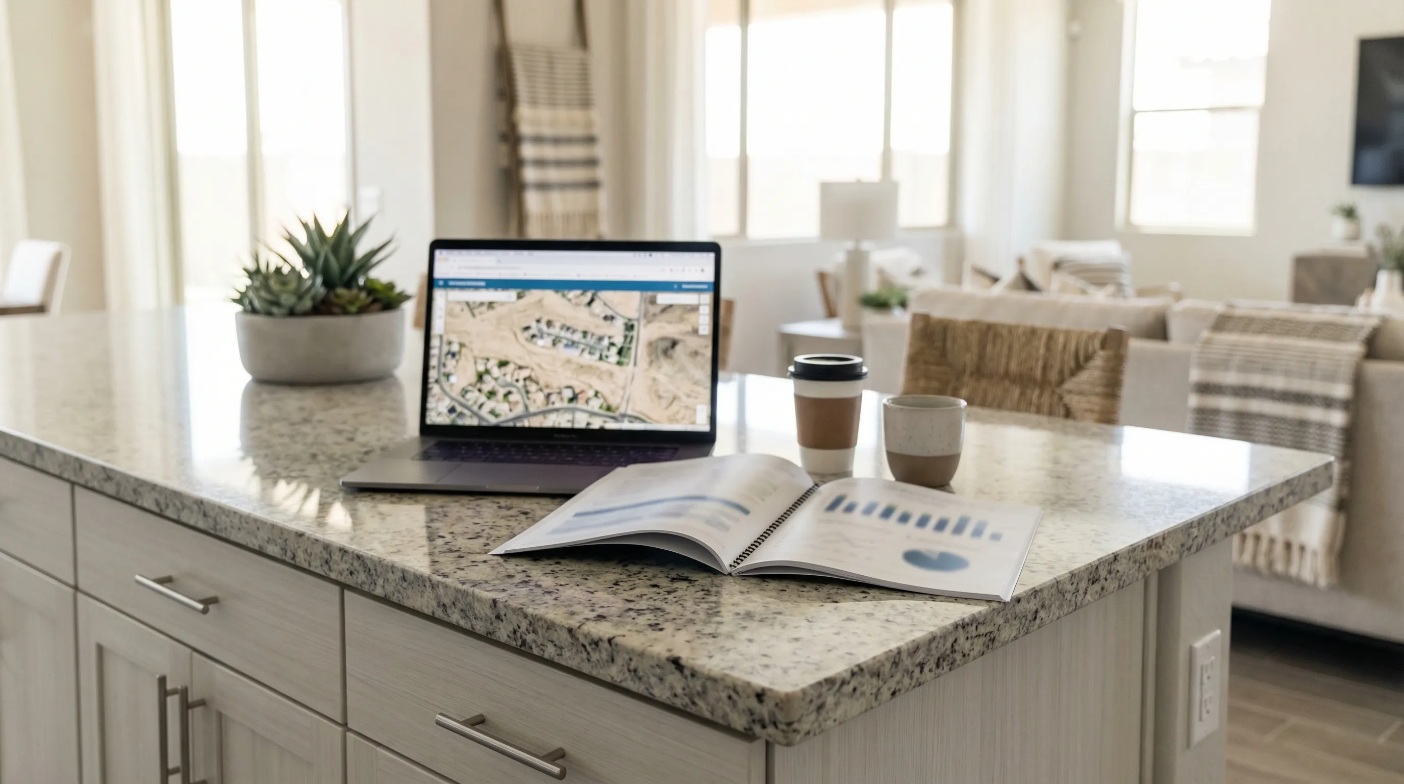 Real estate agent presenting market analysis to homeowners at kitchen island in modern Mesa, AZ home with desert landscaping visible through window
