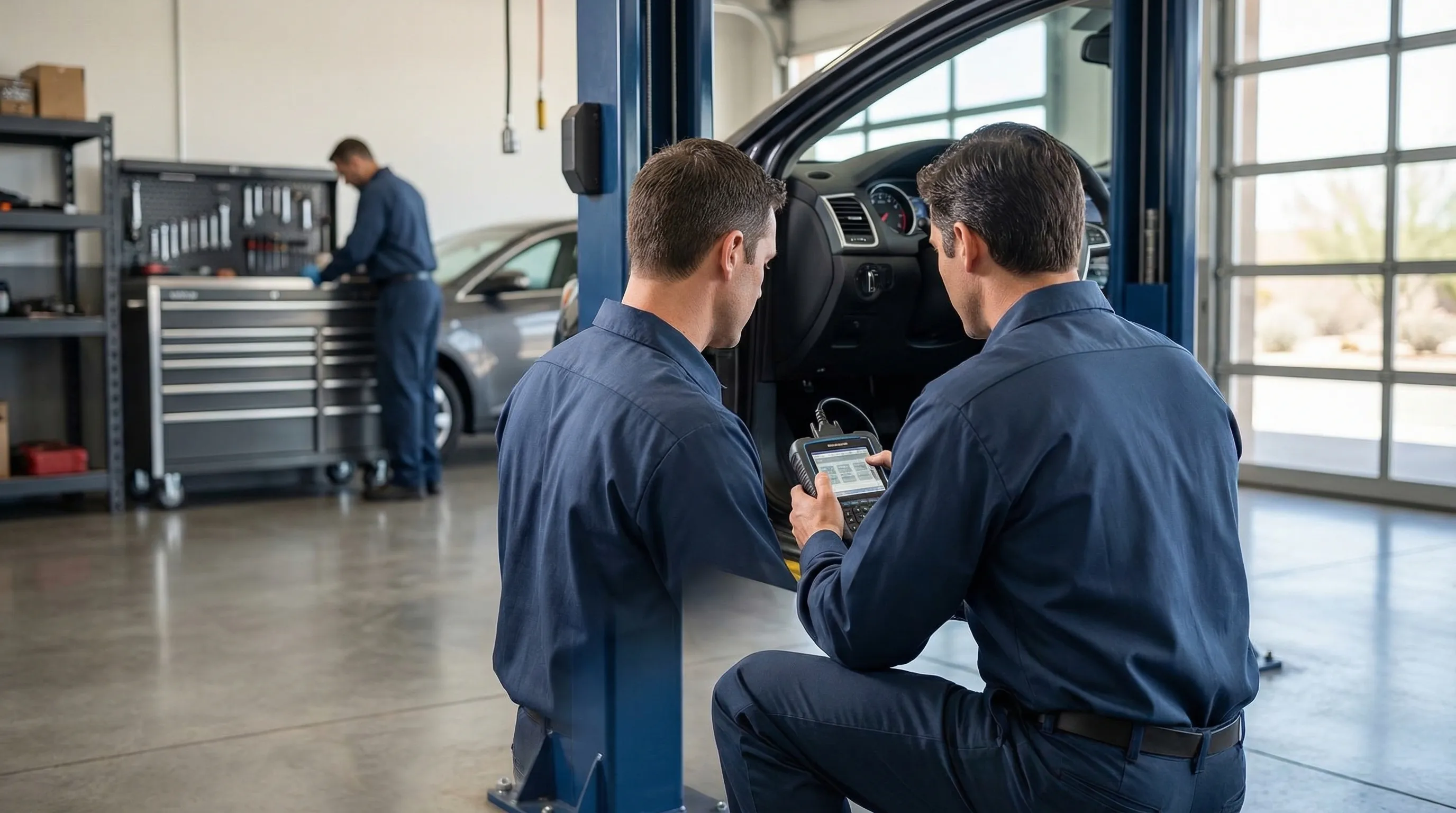 Professional mechanic in clean work uniform using OBD diagnostic scanner in well-lit auto repair shop bay in Mesa, AZ
