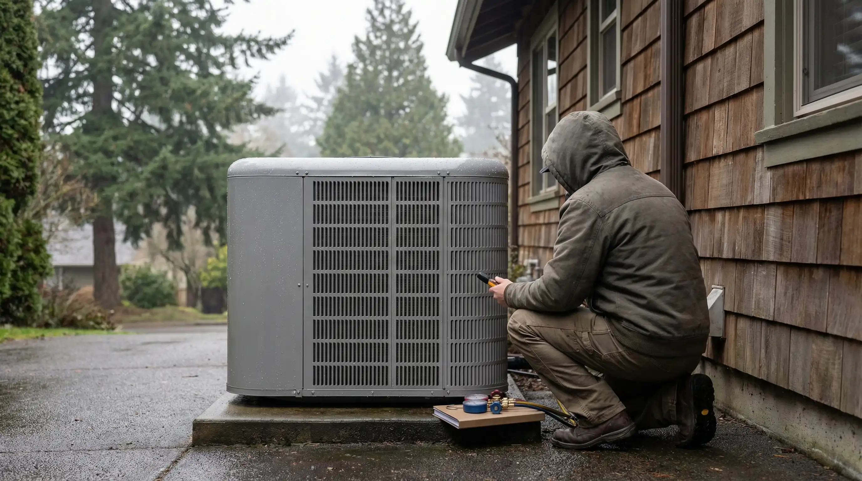 Professional HVAC technician servicing heat pump unit beside craftsman home in Eugene, OR