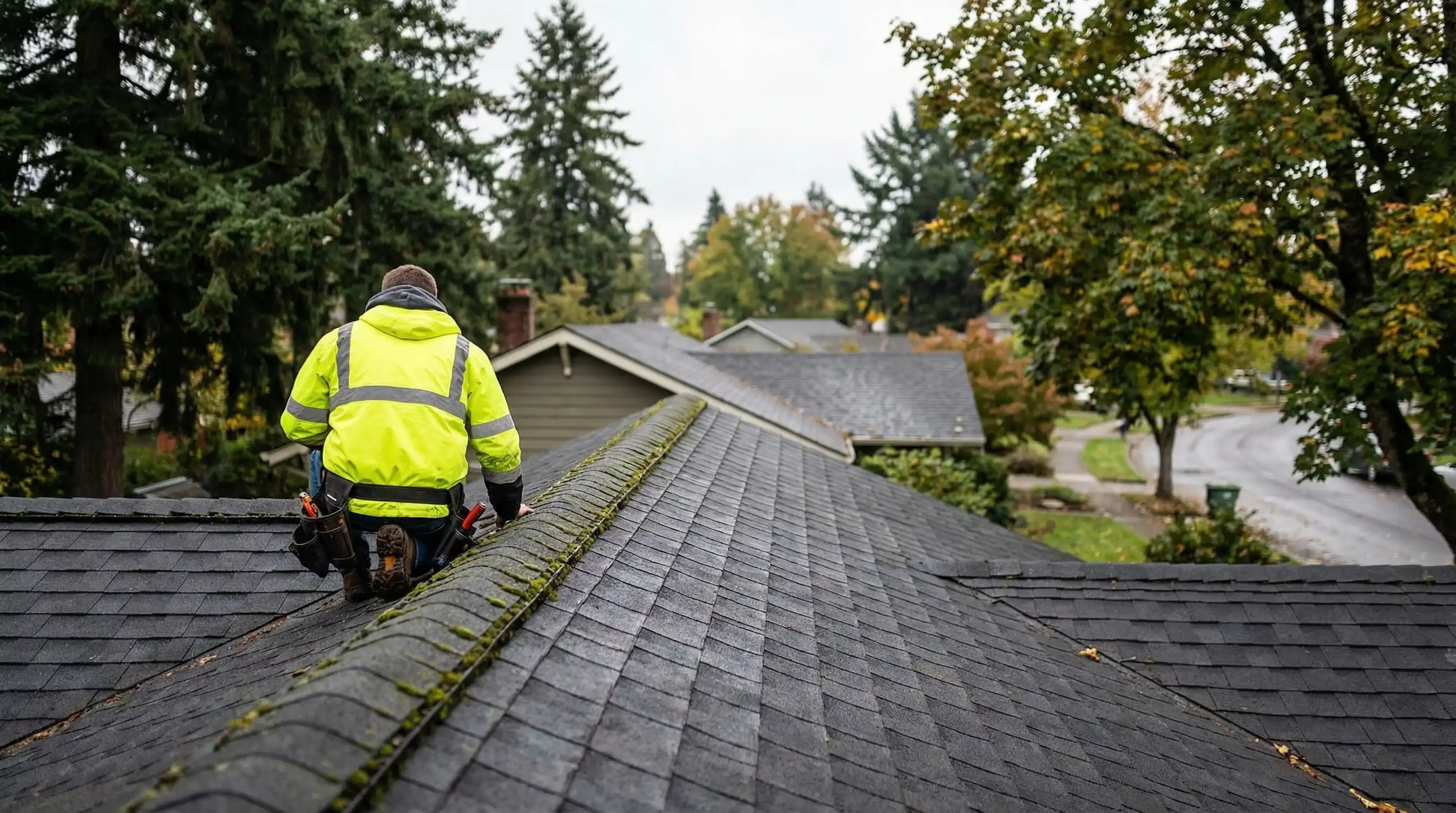 Professional roofing contractor inspecting moss-covered craftsman roof in Eugene, OR neighborhood