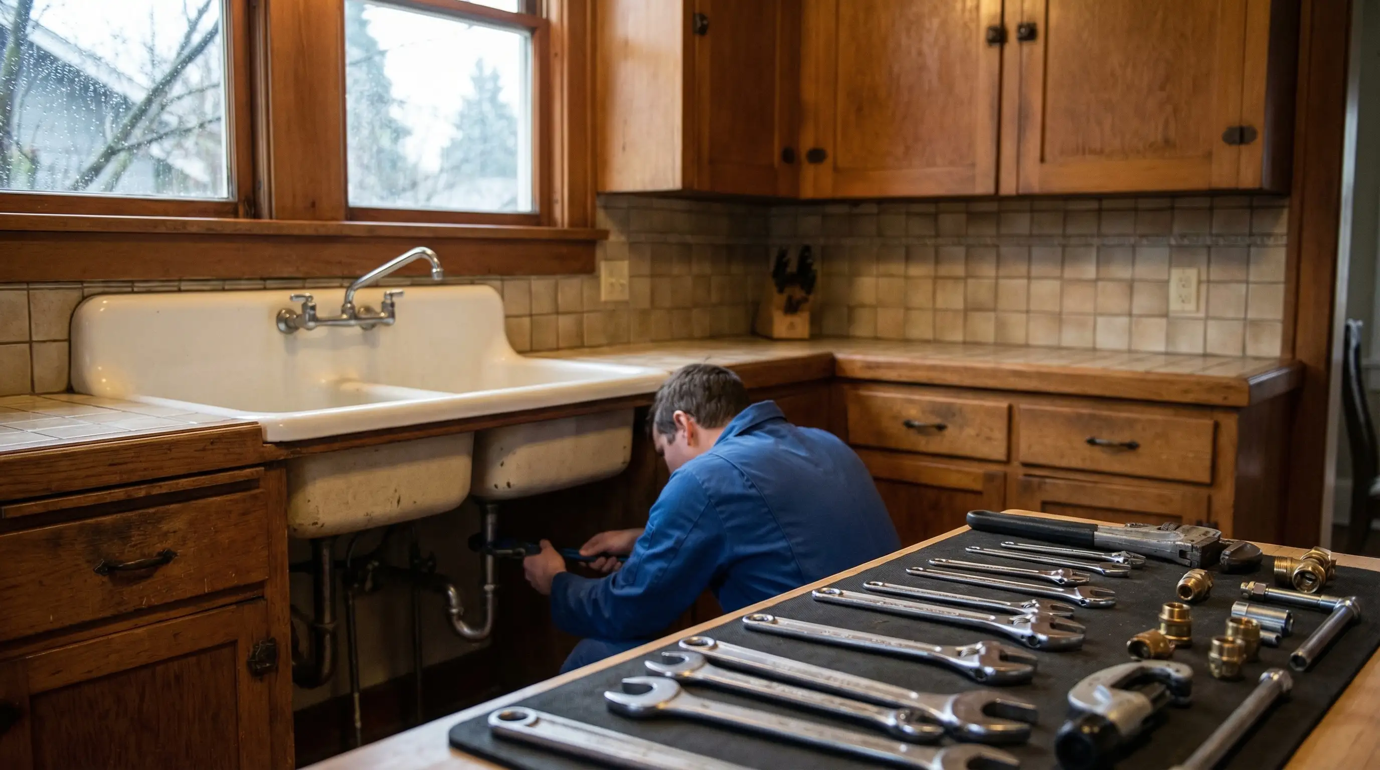 Licensed plumber working on pipes under kitchen sink in older craftsman home in Eugene, OR