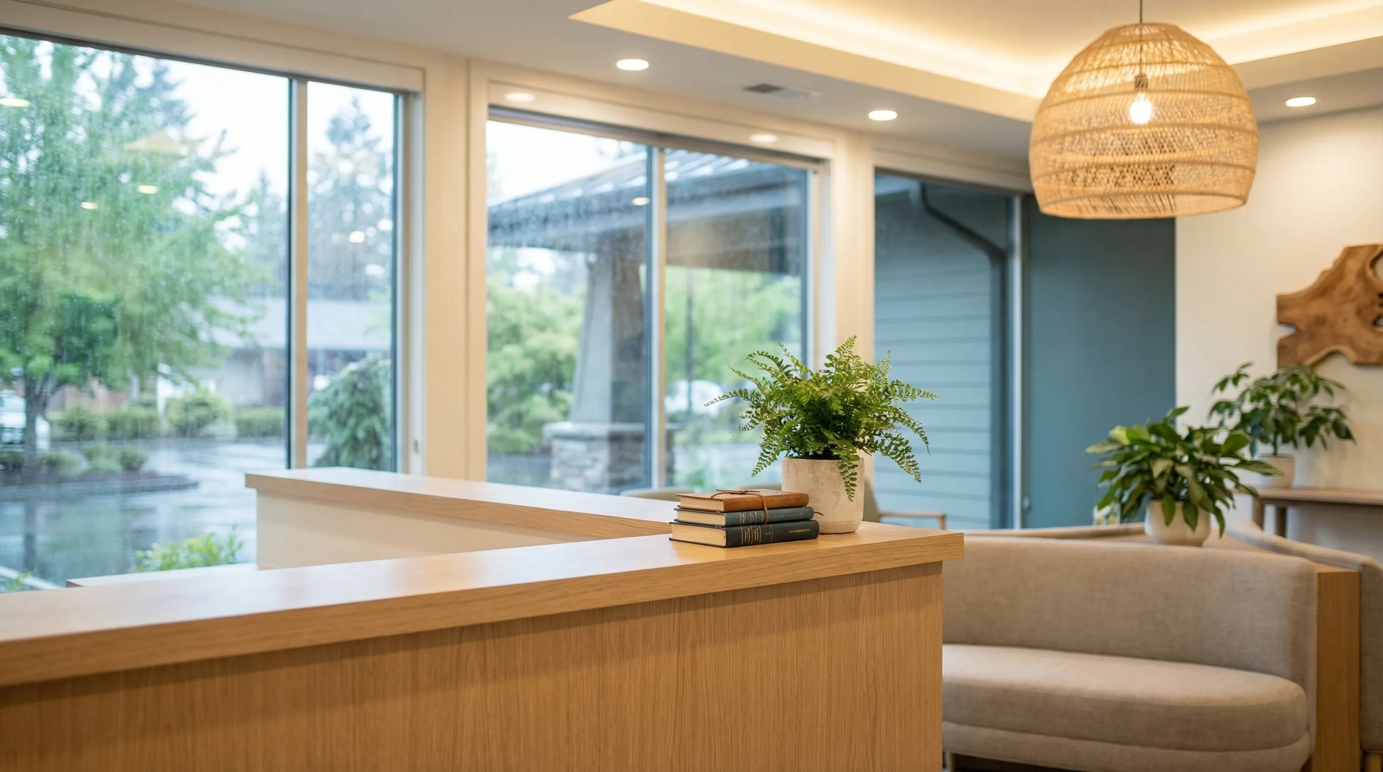 Friendly dental office reception area in Eugene, OR with natural light and welcoming staff