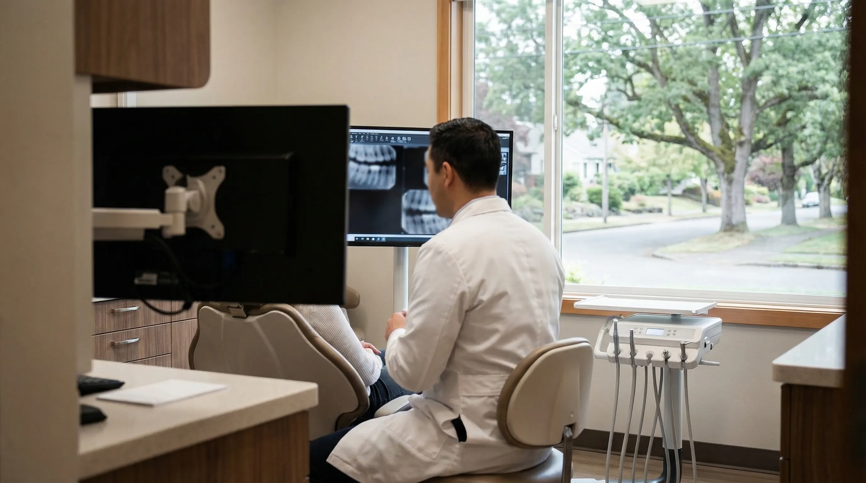 Friendly dental office reception area in Eugene, OR with natural light and welcoming staff