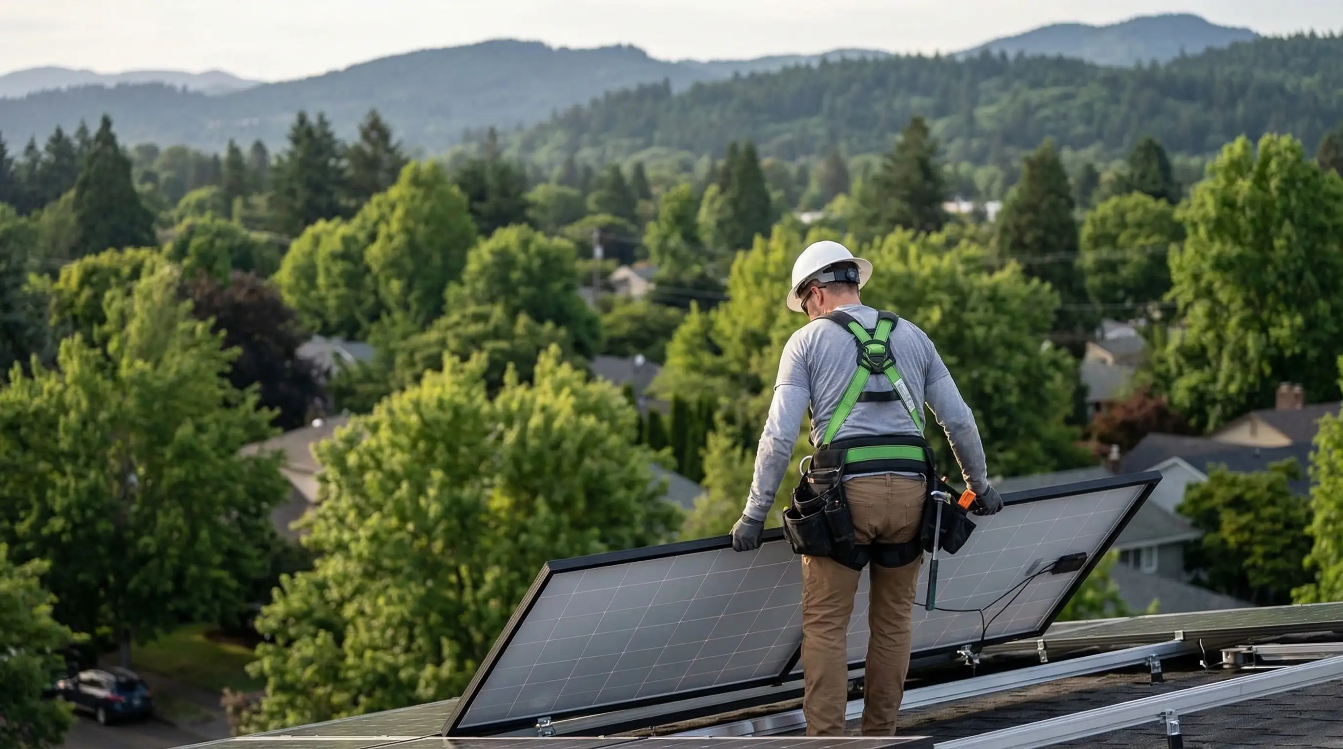 Solar panels installed on craftsman home roof with Eugene, OR green hillside backdrop and partly cloudy sky