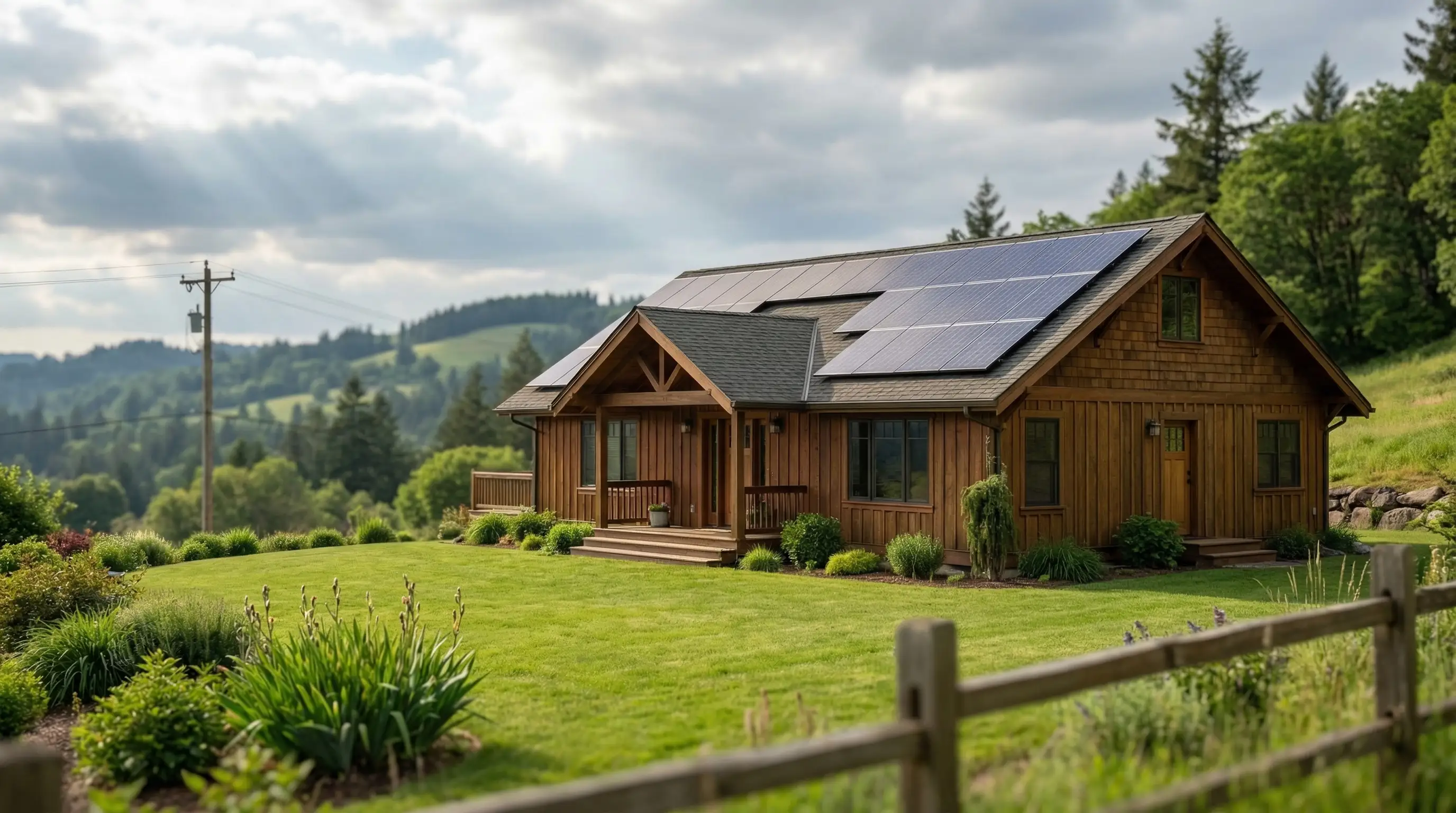 Solar panels installed on craftsman home roof with Eugene, OR green hillside backdrop and partly cloudy sky