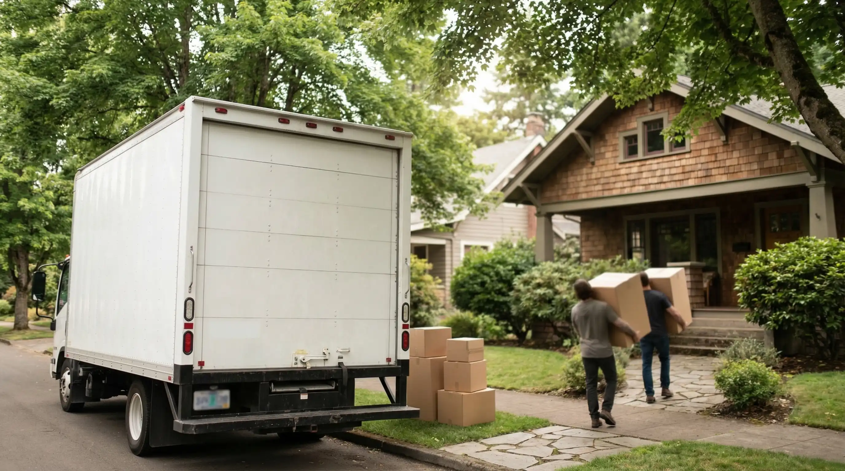 Professional movers loading truck in front of craftsman home in Eugene, OR with green tree canopy overhead