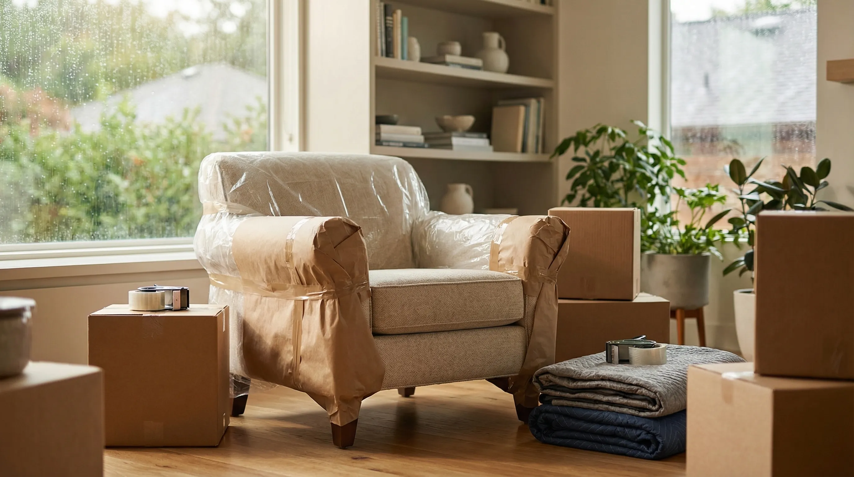 Professional movers loading truck in front of craftsman home in Eugene, OR with green tree canopy overhead