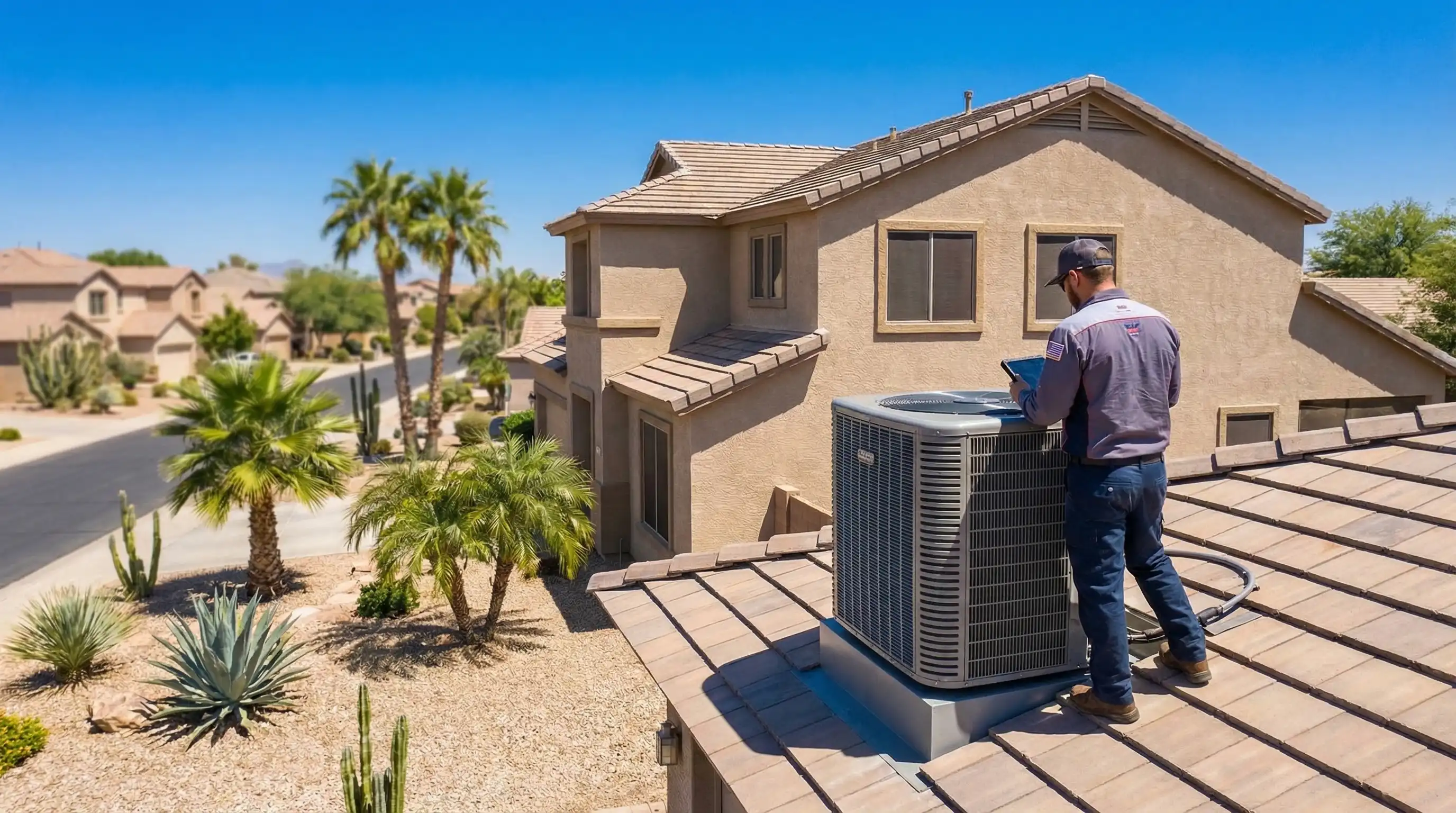 Professional HVAC technician inspecting rooftop condenser unit at a Gilbert, AZ home under intense Arizona midday sun