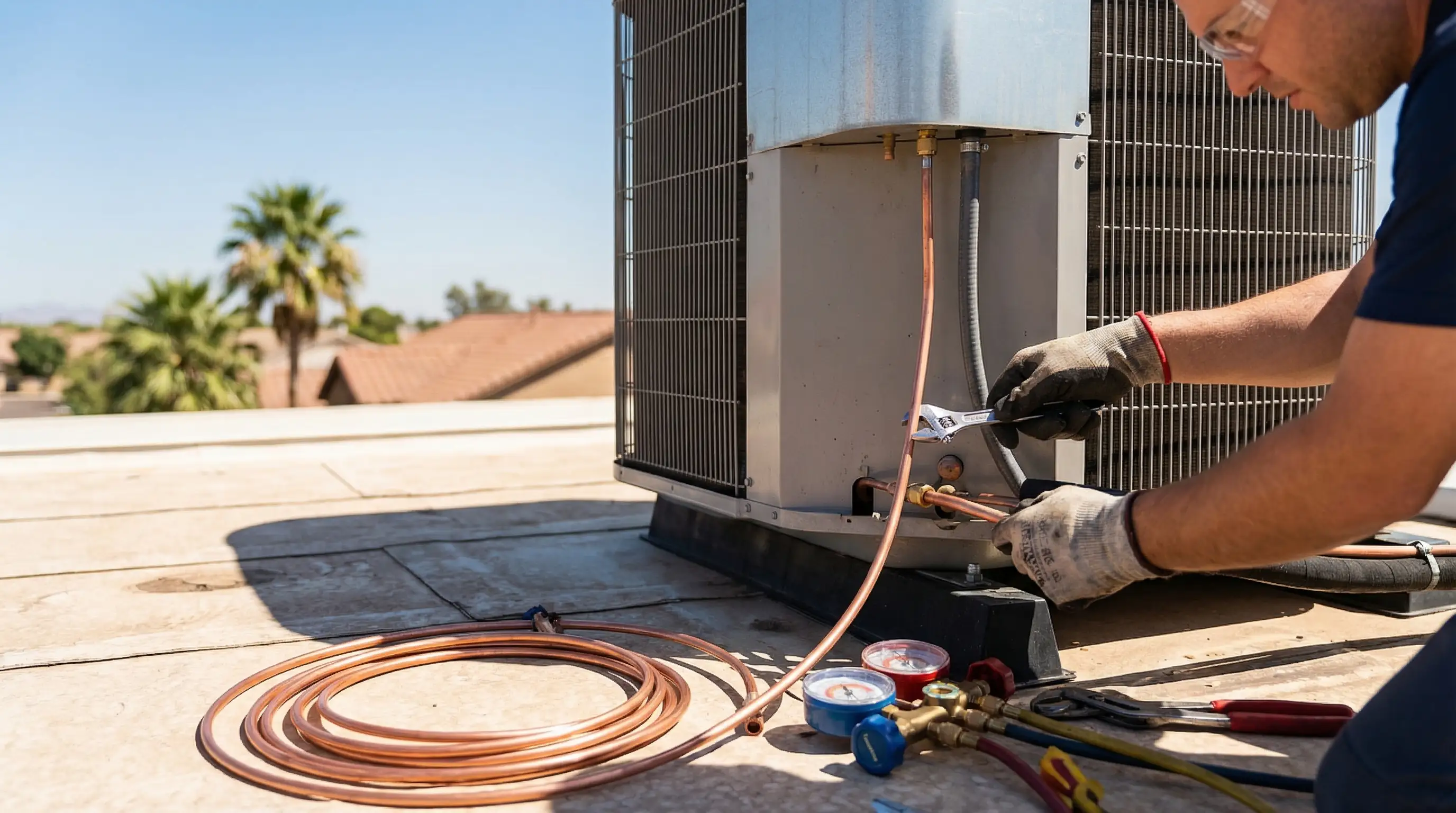 Professional HVAC technician inspecting rooftop condenser unit at a Gilbert, AZ home under intense Arizona midday sun