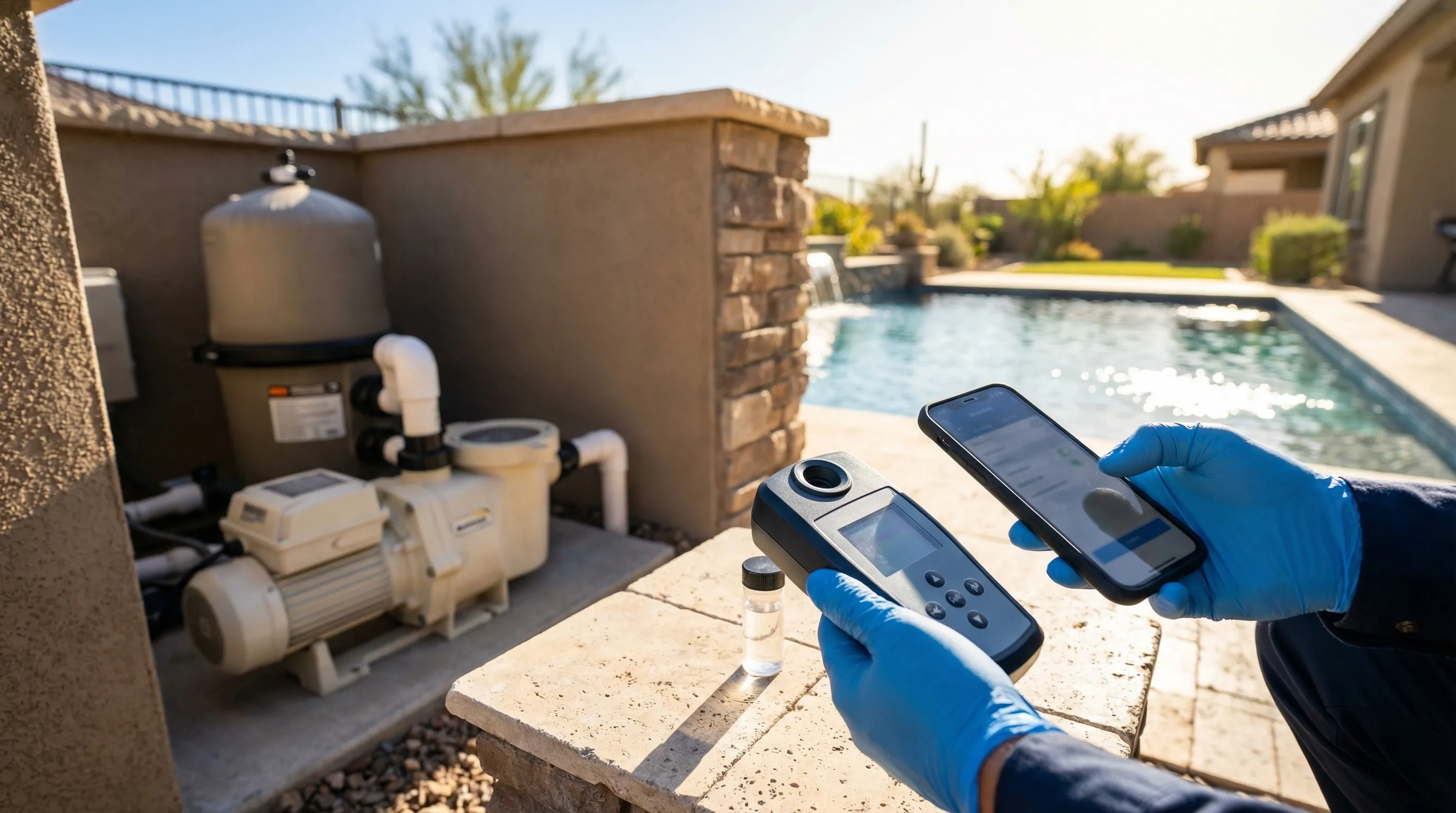 Pool service technician testing water chemistry at a resort-style Gilbert, AZ backyard pool with desert landscaping and San Tan Mountains in background