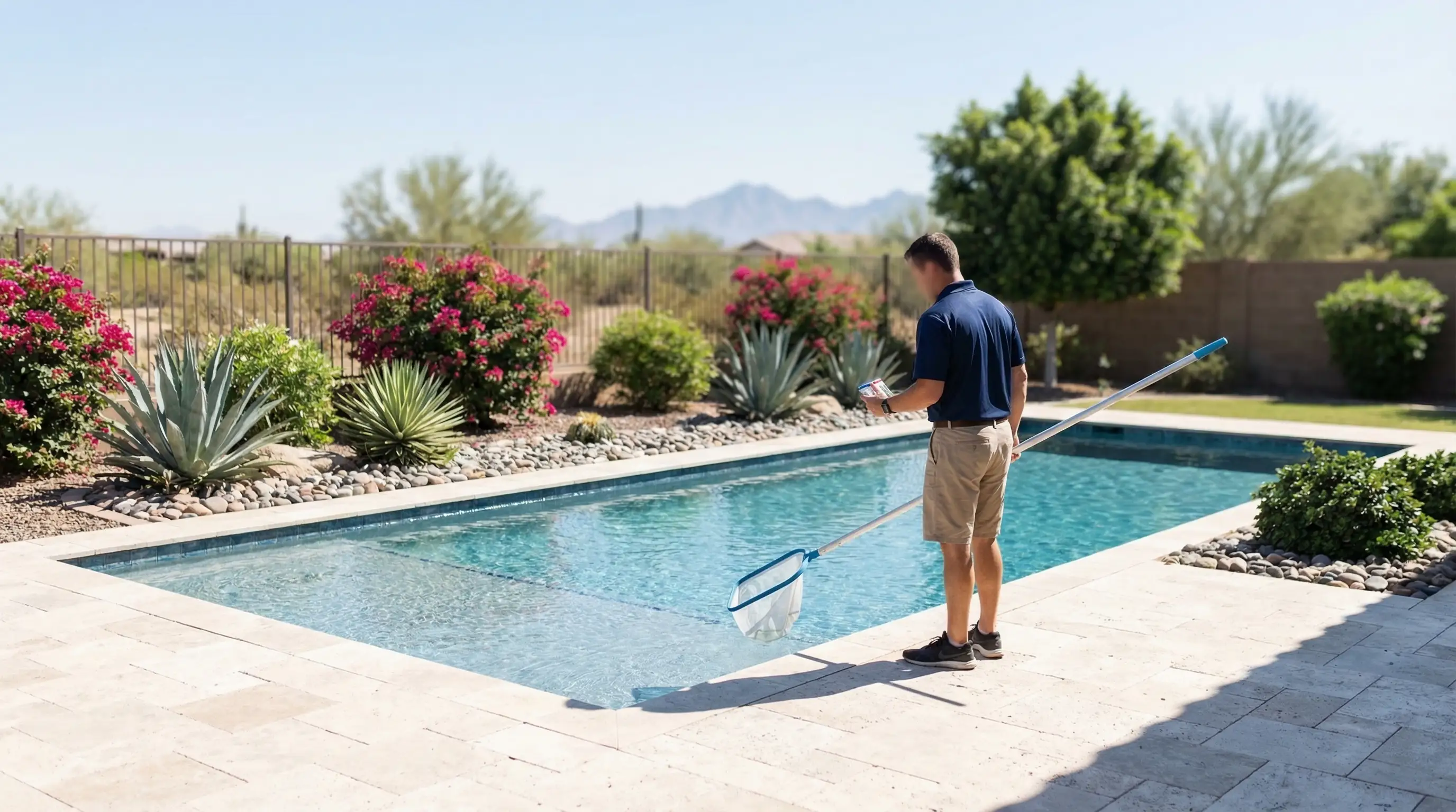 Pool service technician testing water chemistry at a resort-style Gilbert, AZ backyard pool with desert landscaping and San Tan Mountains in background