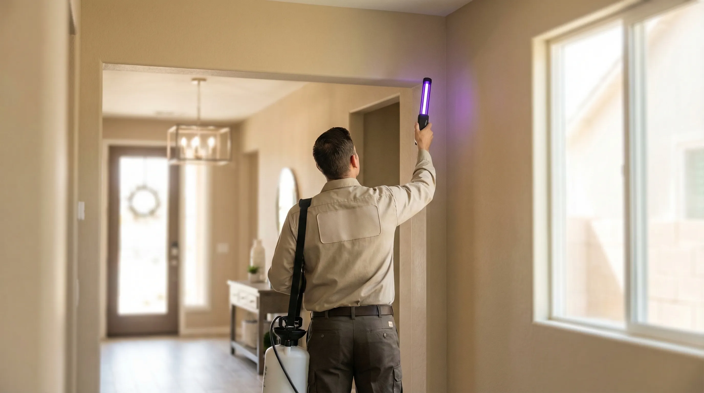Pest control technician applying targeted treatment at the foundation of a stucco Gilbert, AZ home with desert landscaping and palm tree visible