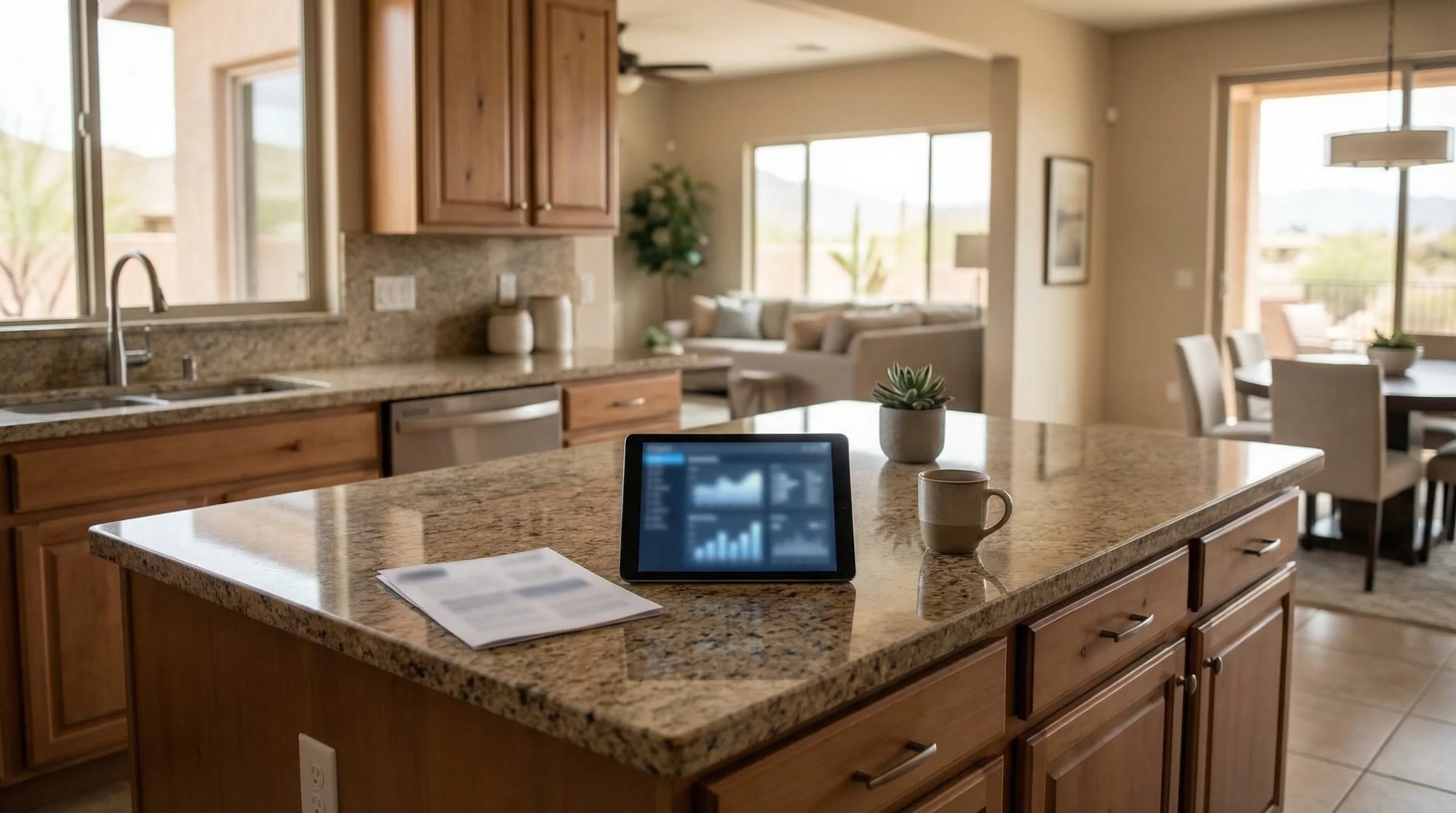 Solar installation technician connecting panels on the roof of a two-story stucco Gilbert, AZ home under intense Arizona midday sun with deep blue cloudless sky