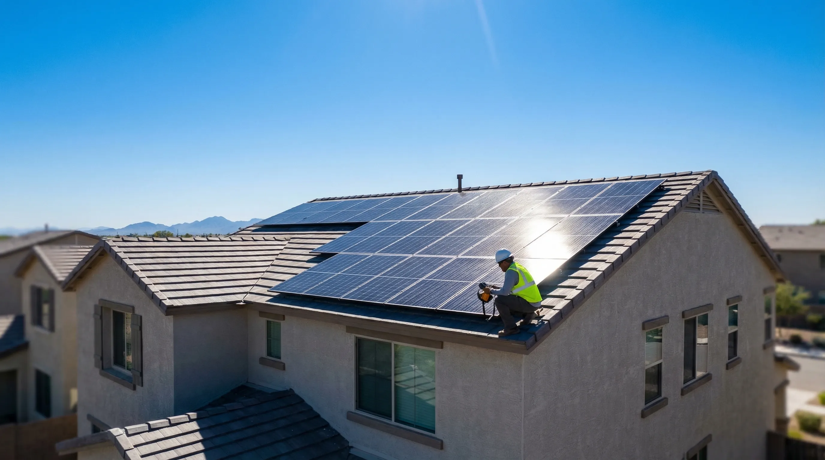 Solar installation technician connecting panels on the roof of a two-story stucco Gilbert, AZ home under intense Arizona midday sun with deep blue cloudless sky