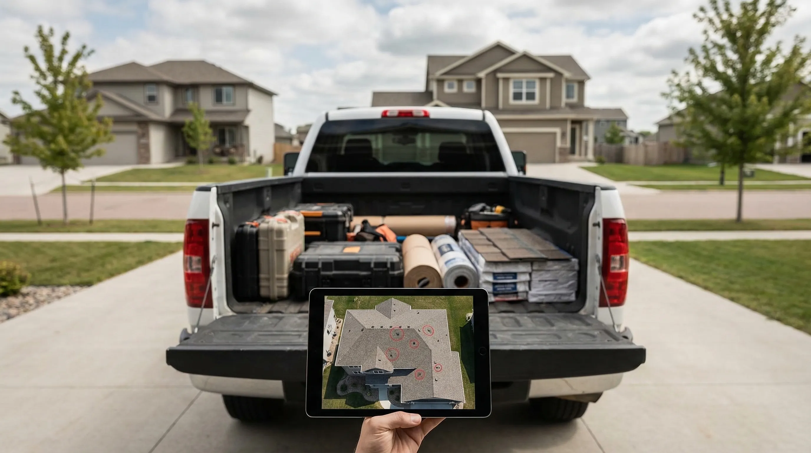 Professional roofing contractor inspecting hail damage on a residential roof in Sioux Falls, SD