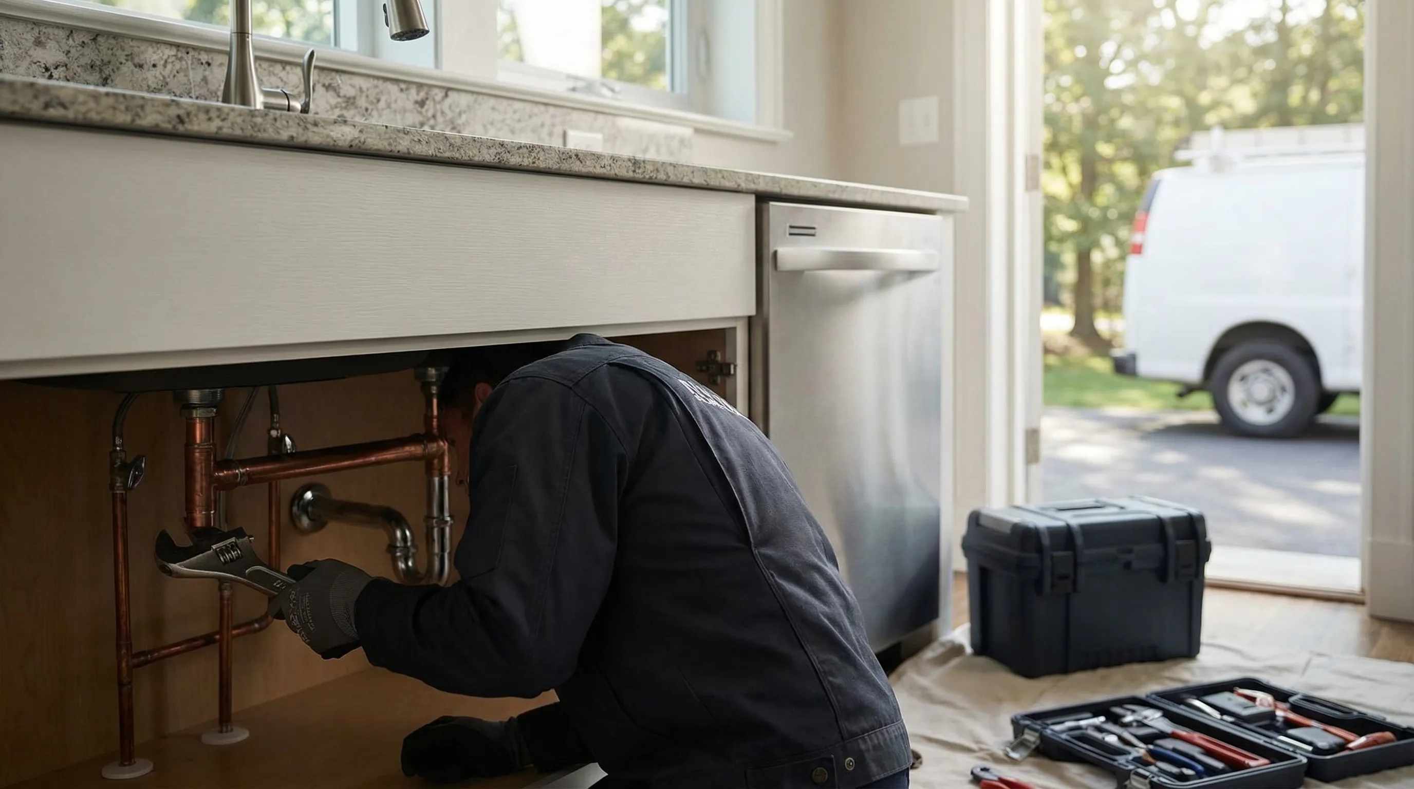 Professional plumber working on residential pipes in a Sioux Falls, SD home