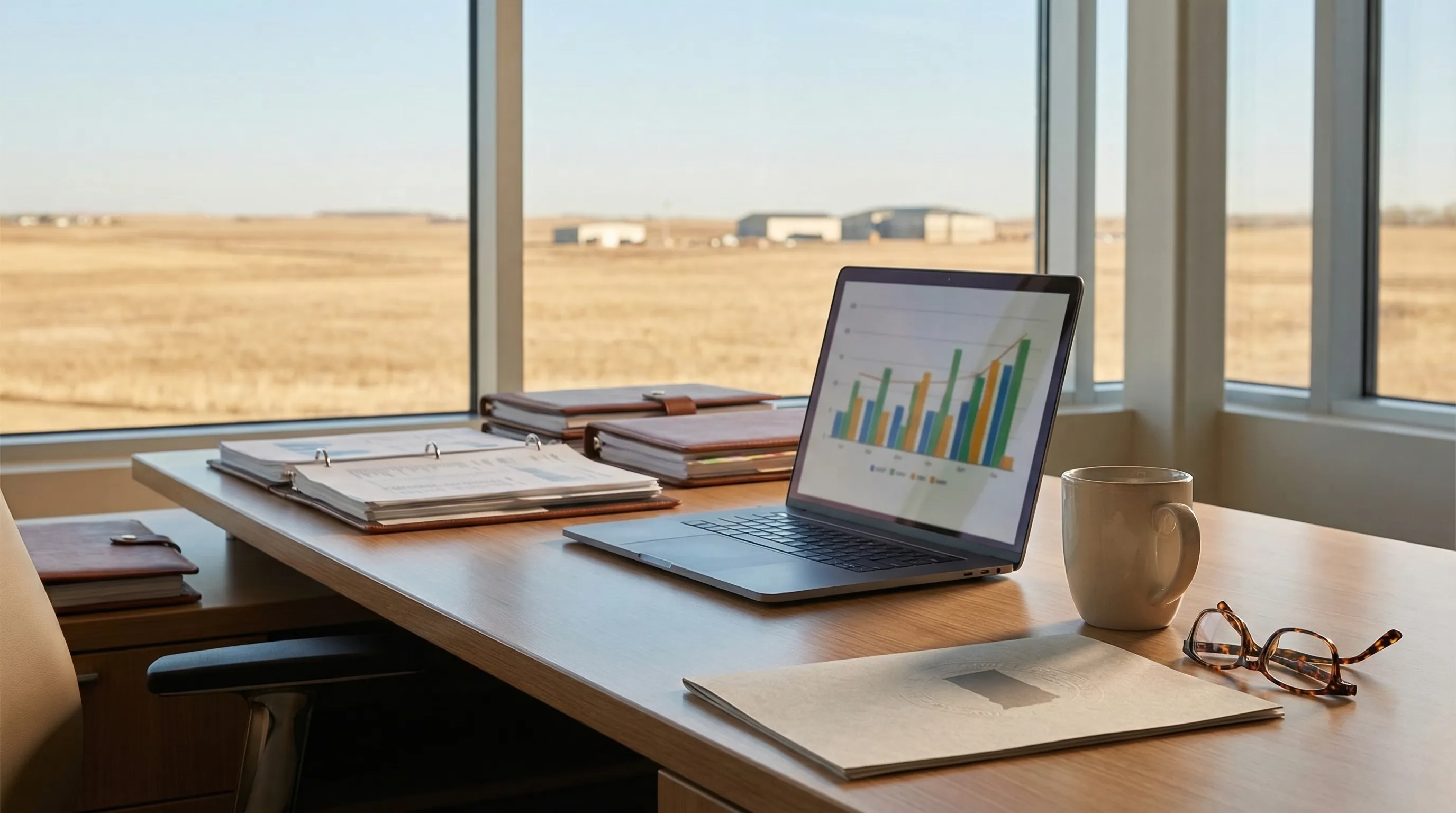 Professional financial advisor reviewing portfolio documents with a client at a modern Sioux Falls office desk, South Dakota prairie skyline visible through large windows.