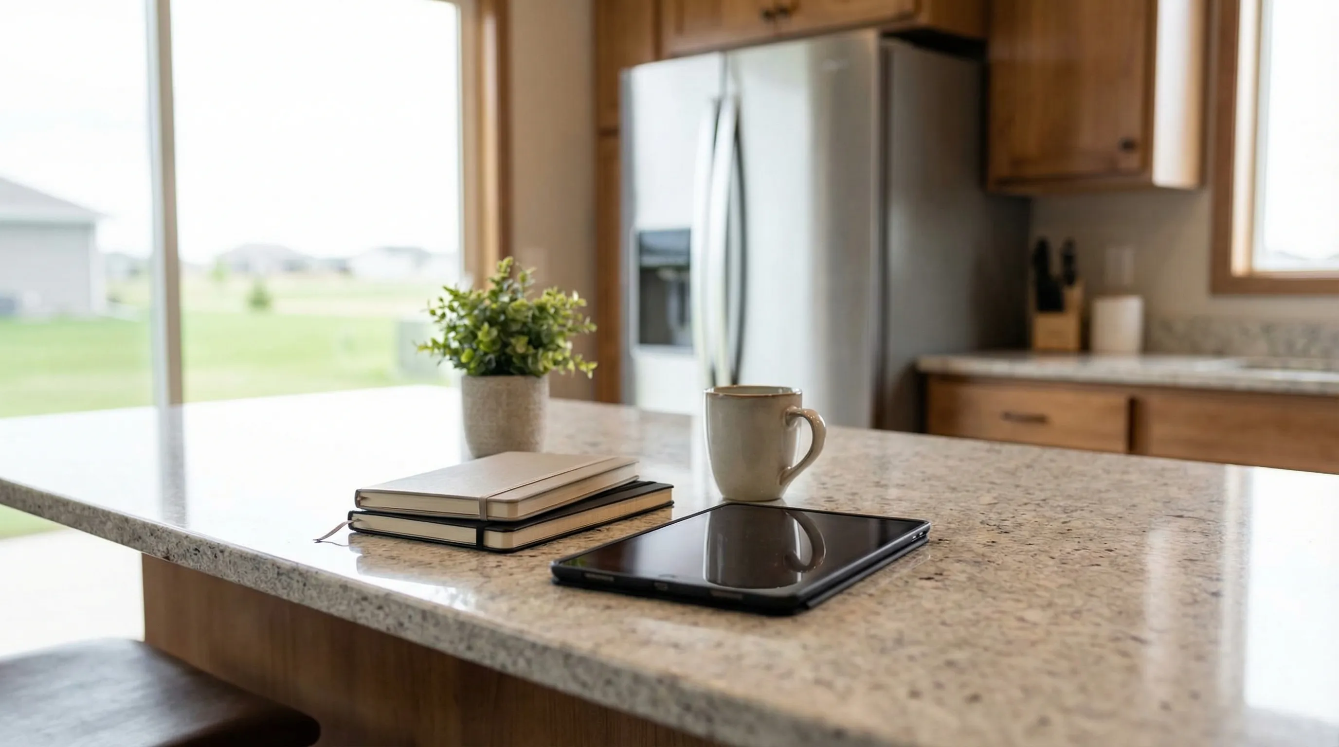 Real estate agent with tablet showing Zillow CMA report standing with a couple reviewing offer documents at a kitchen island in a modern Sioux Falls home with prairie sky visible through window.
