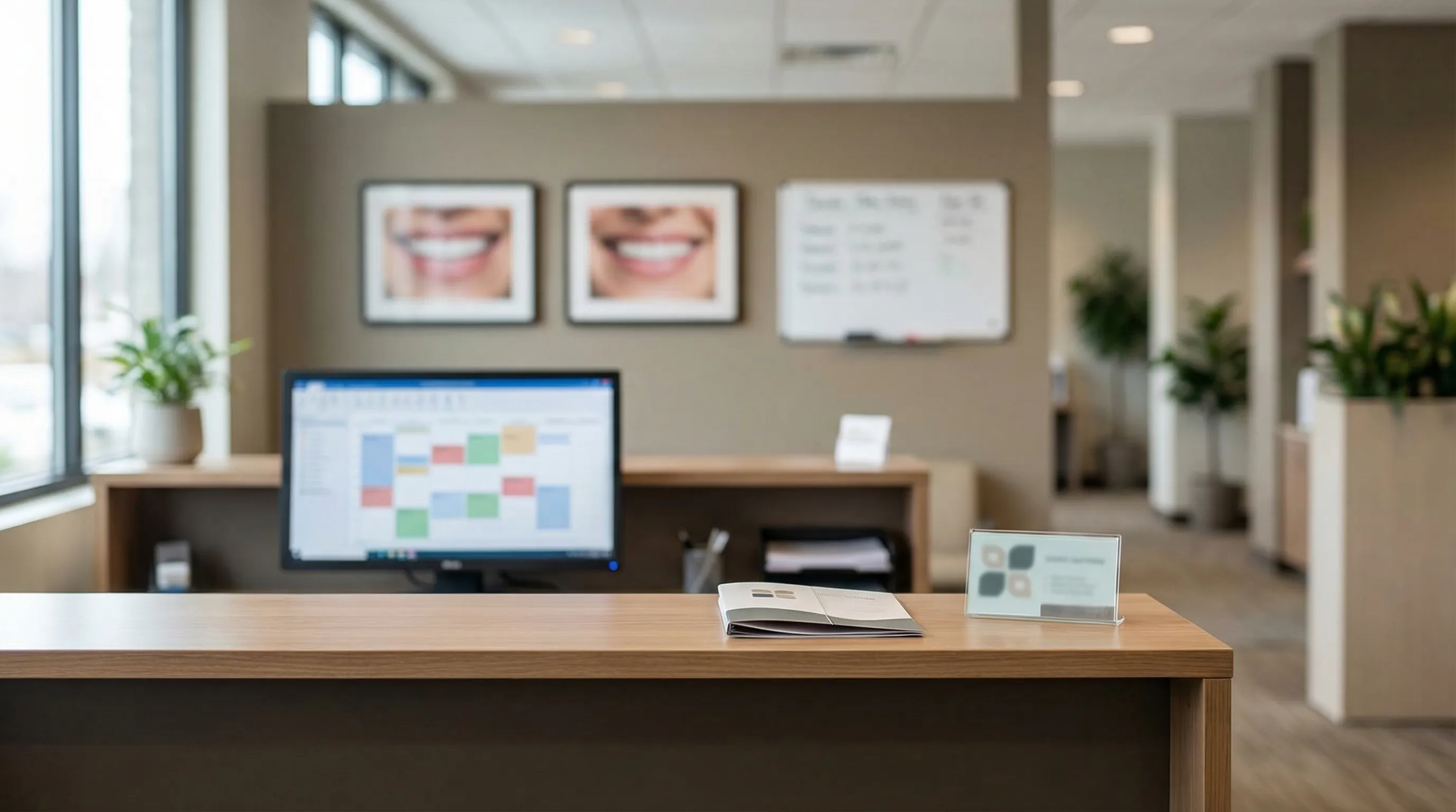 Modern dental operatory in Sioux Falls with dentist reviewing digital X-ray on tablet next to patient in chair, clear South Dakota suburban street visible through large window.