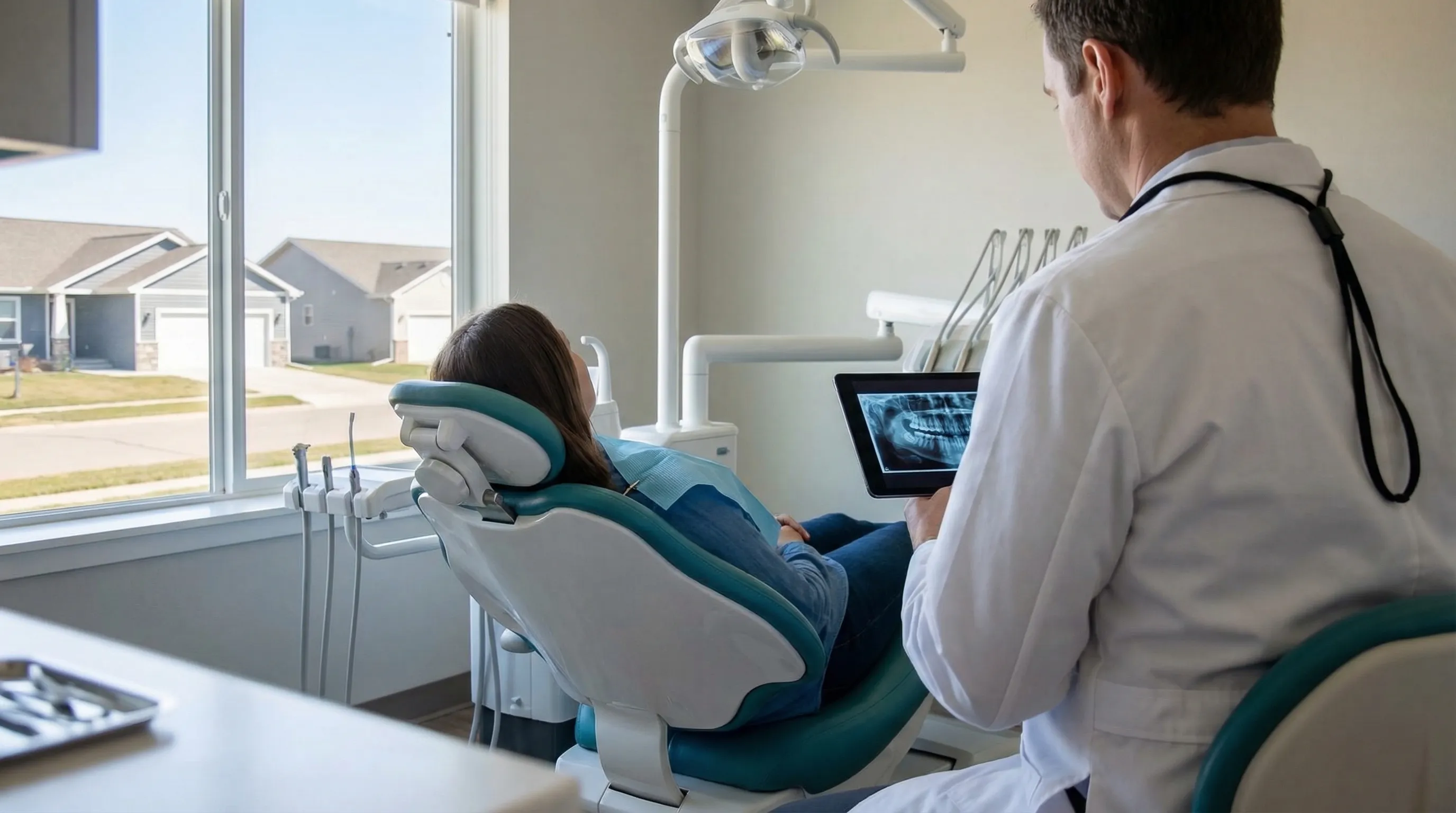 Modern dental operatory in Sioux Falls with dentist reviewing digital X-ray on tablet next to patient in chair, clear South Dakota suburban street visible through large window.