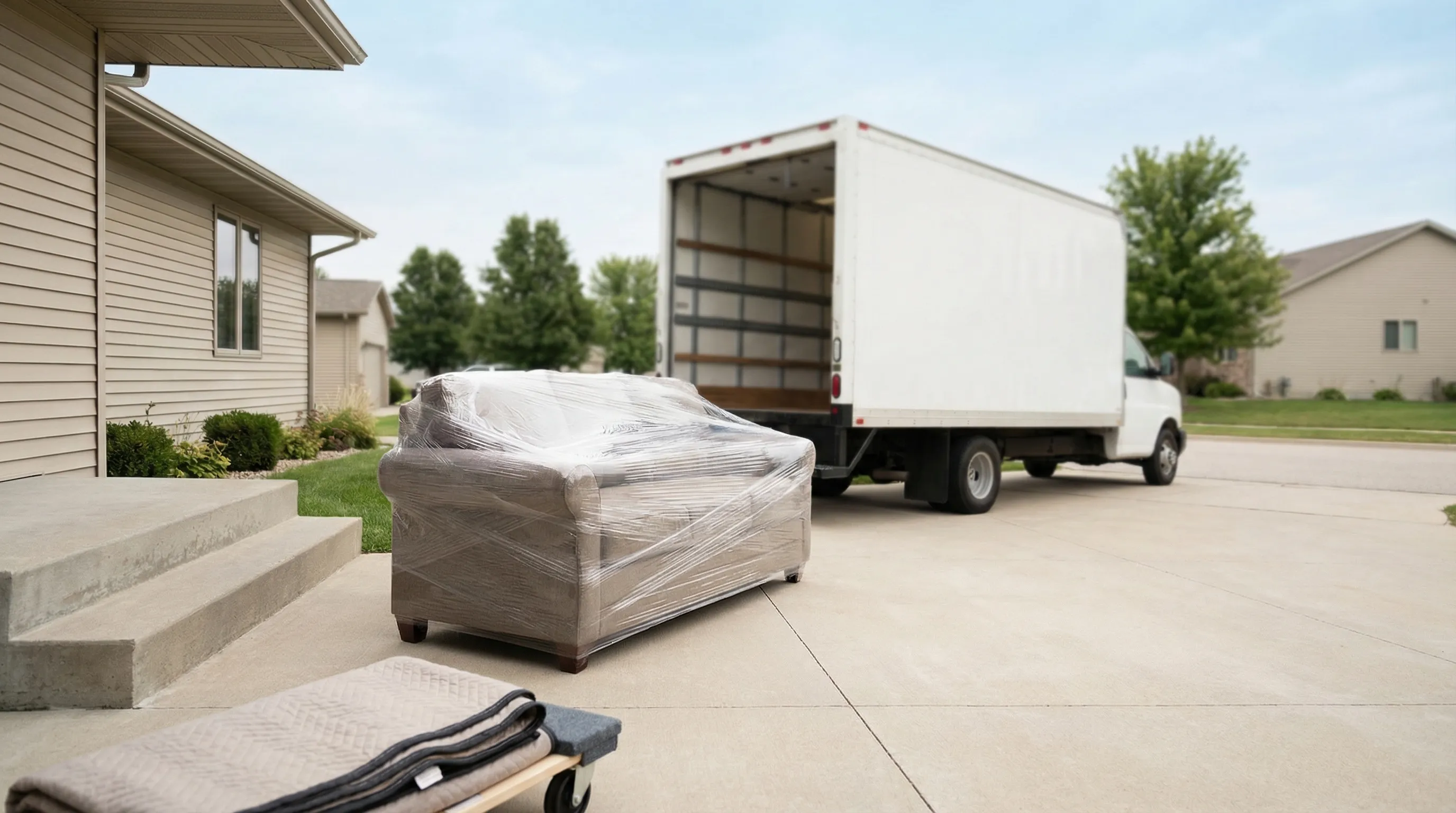 Moving crew in branded polo shirts carrying wrapped furniture down front steps of a Sioux Falls ranch home into an open moving truck, flat Minnehaha County suburban street and clear Great Plains sky in background.