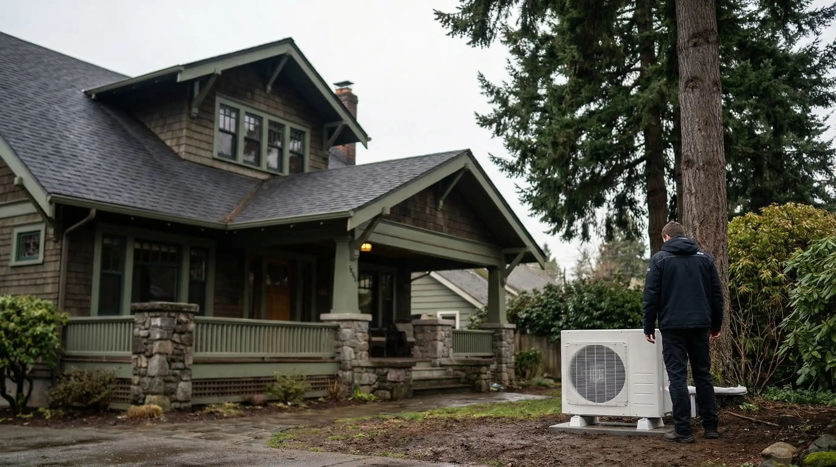 Professional HVAC technician installing a heat pump at a Craftsman home in Tacoma, WA