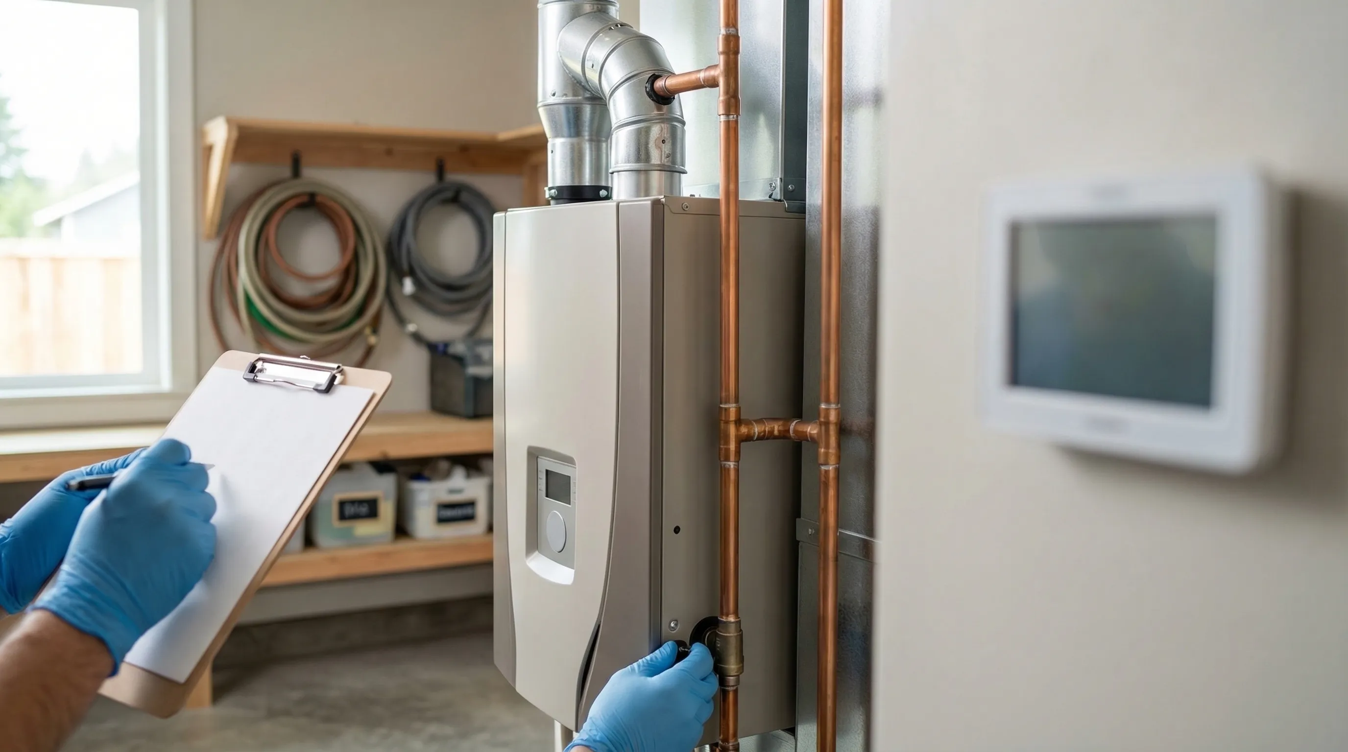 Professional HVAC technician installing a heat pump at a Craftsman home in Tacoma, WA