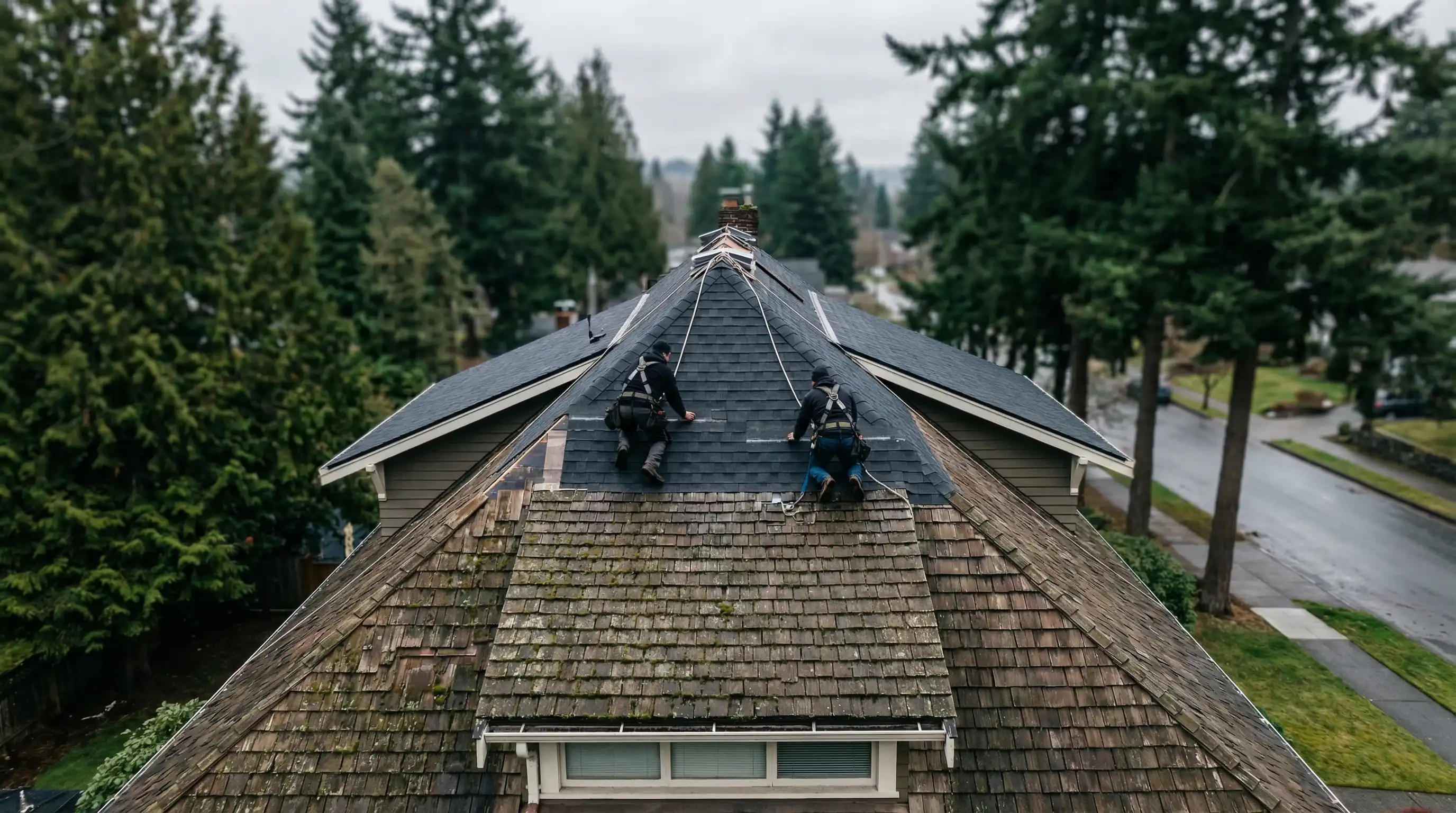 Professional roofer replacing shingles on a moss-covered Craftsman home in Tacoma, WA