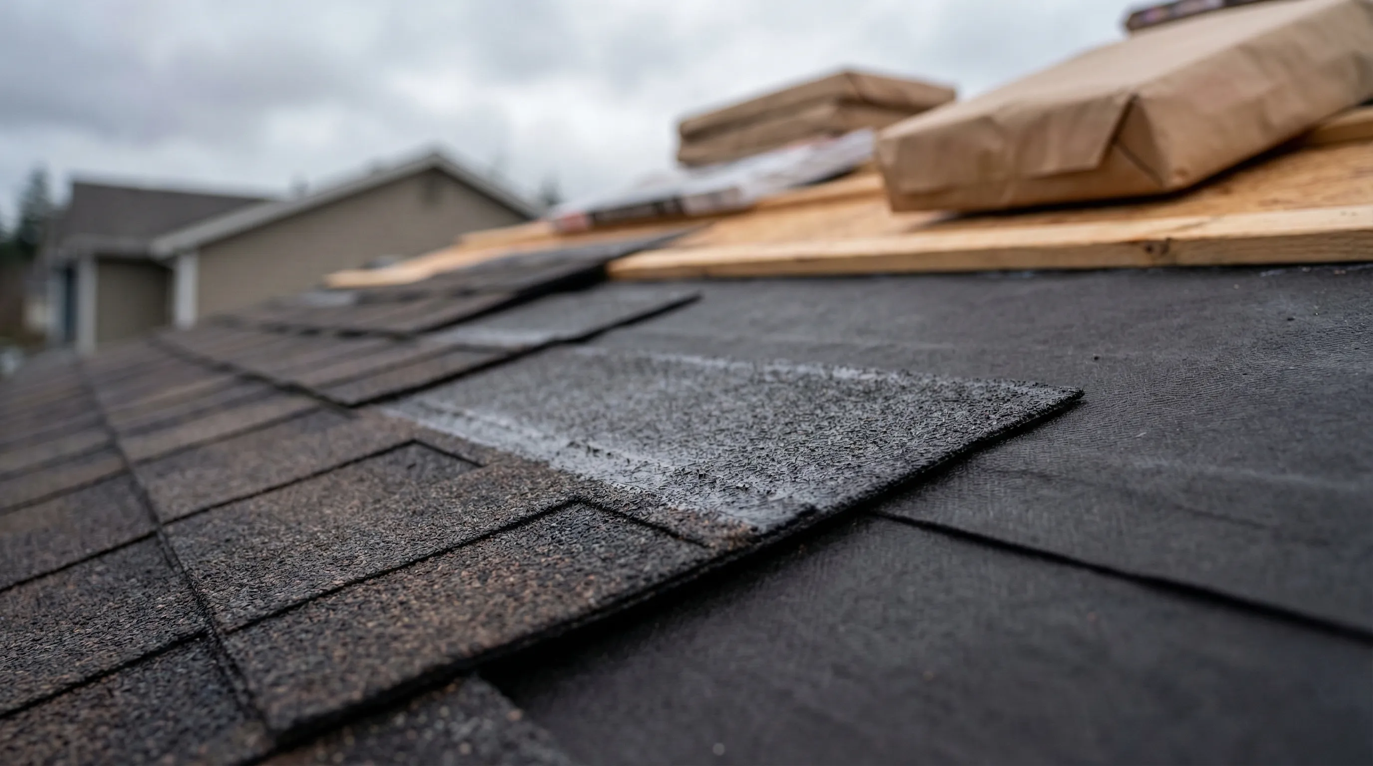 Professional roofer replacing shingles on a moss-covered Craftsman home in Tacoma, WA
