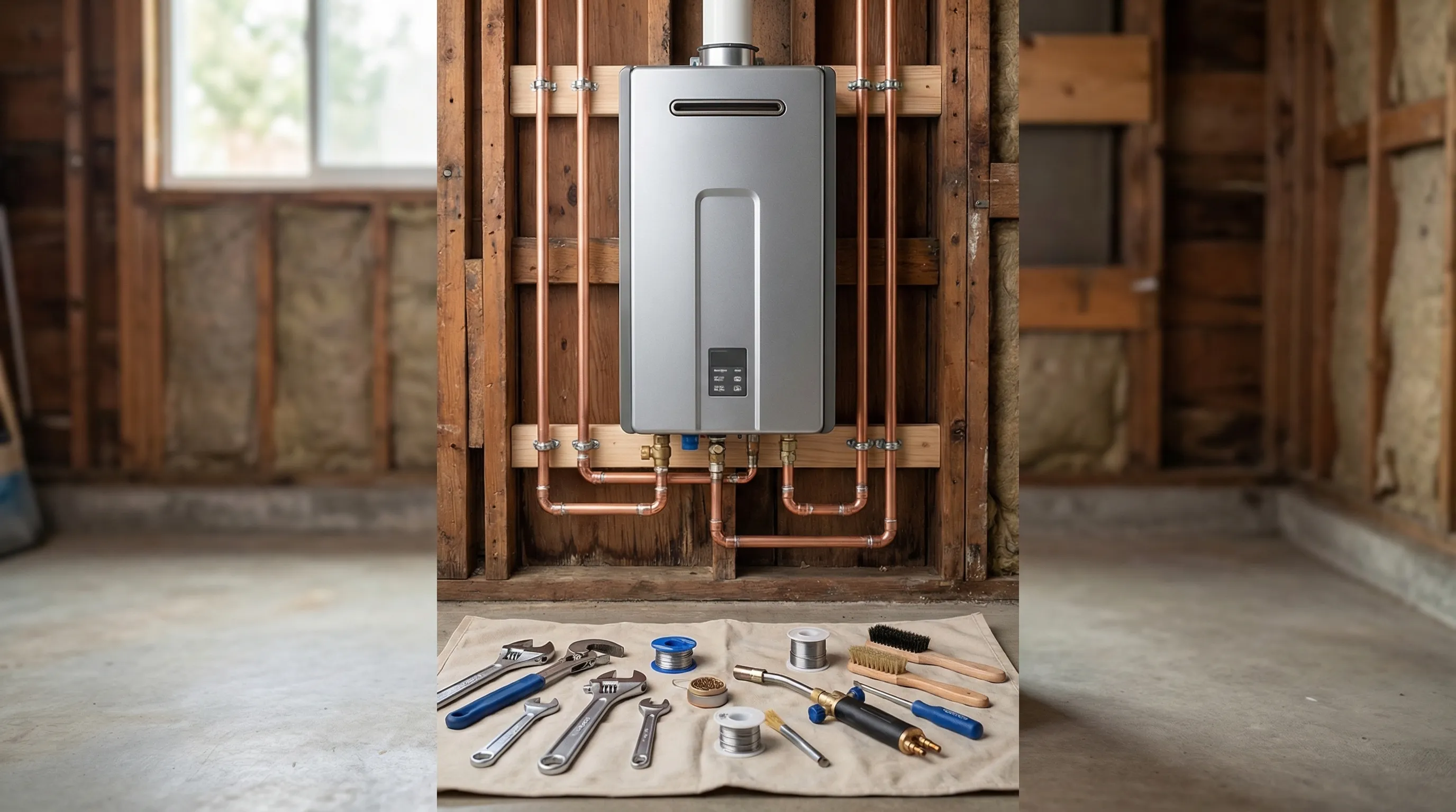 Licensed plumber installing a tankless water heater in a Tacoma, WA home utility room