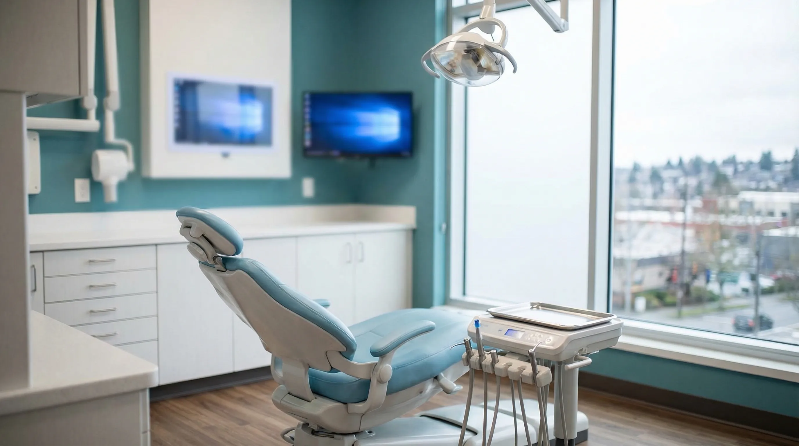 Modern dental treatment room at a Tacoma, WA dental practice with hygienist and patient