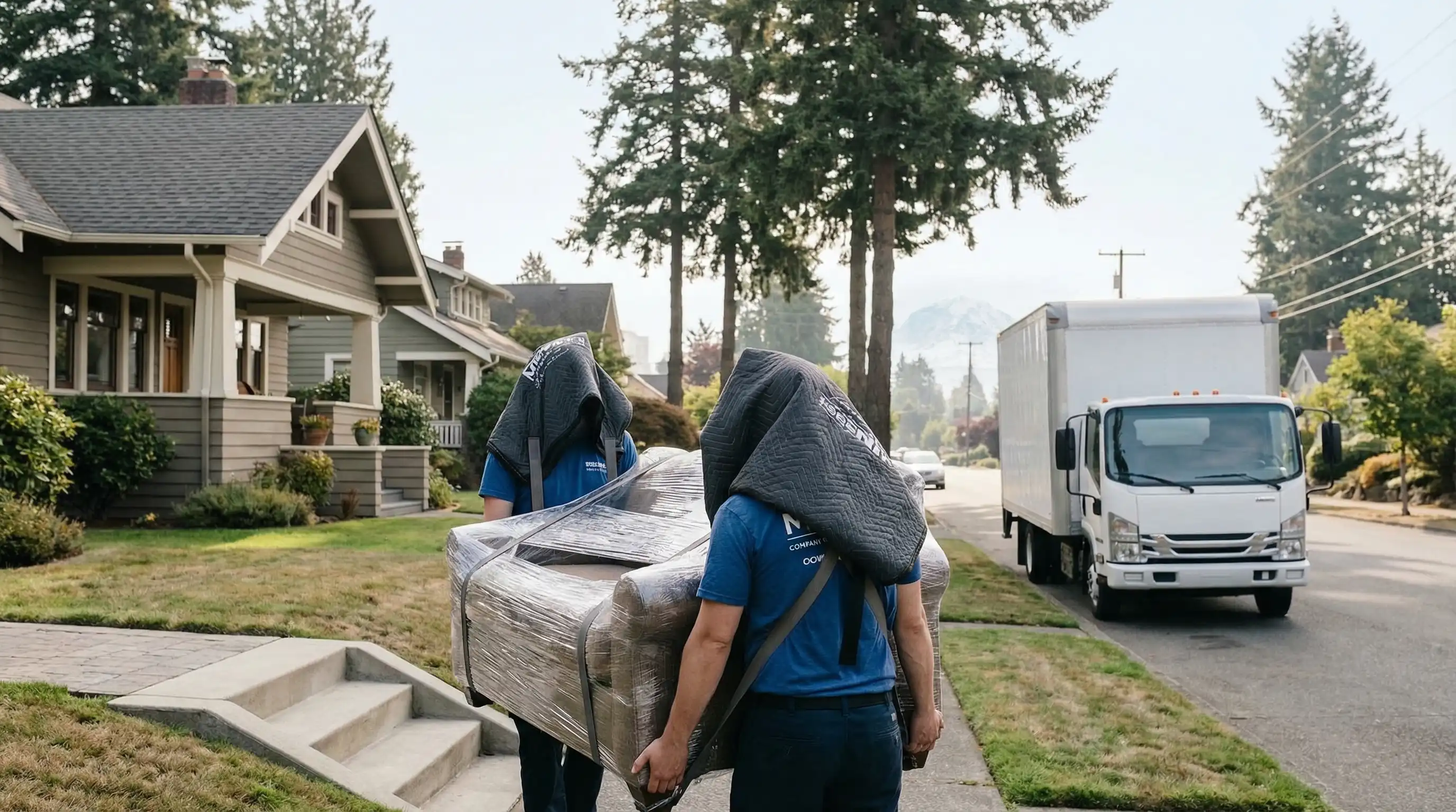 Moving company crew loading a truck on a residential street in Tacoma, WA