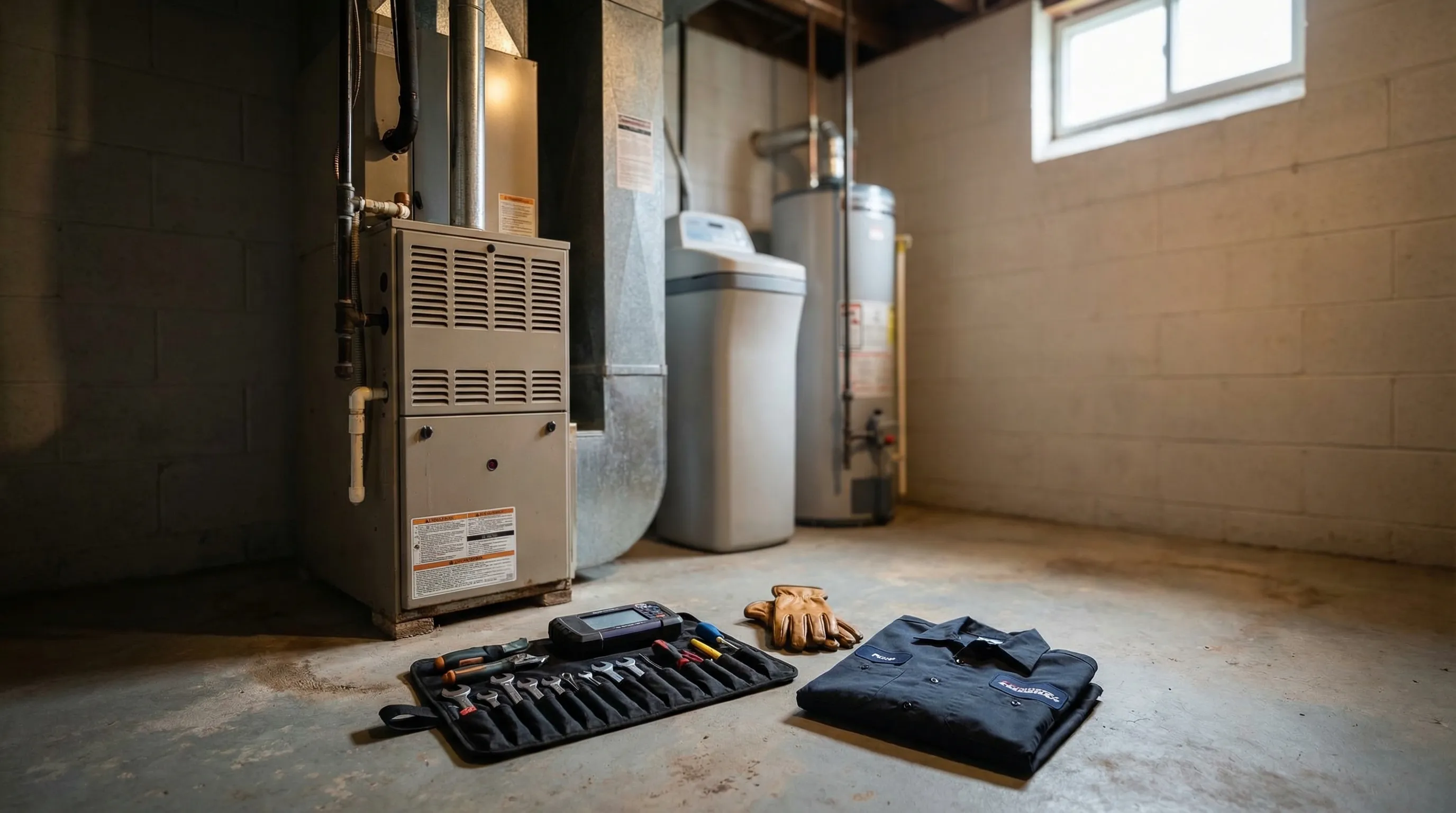 Professional HVAC technician servicing a furnace in a Fort Wayne, IN residential home