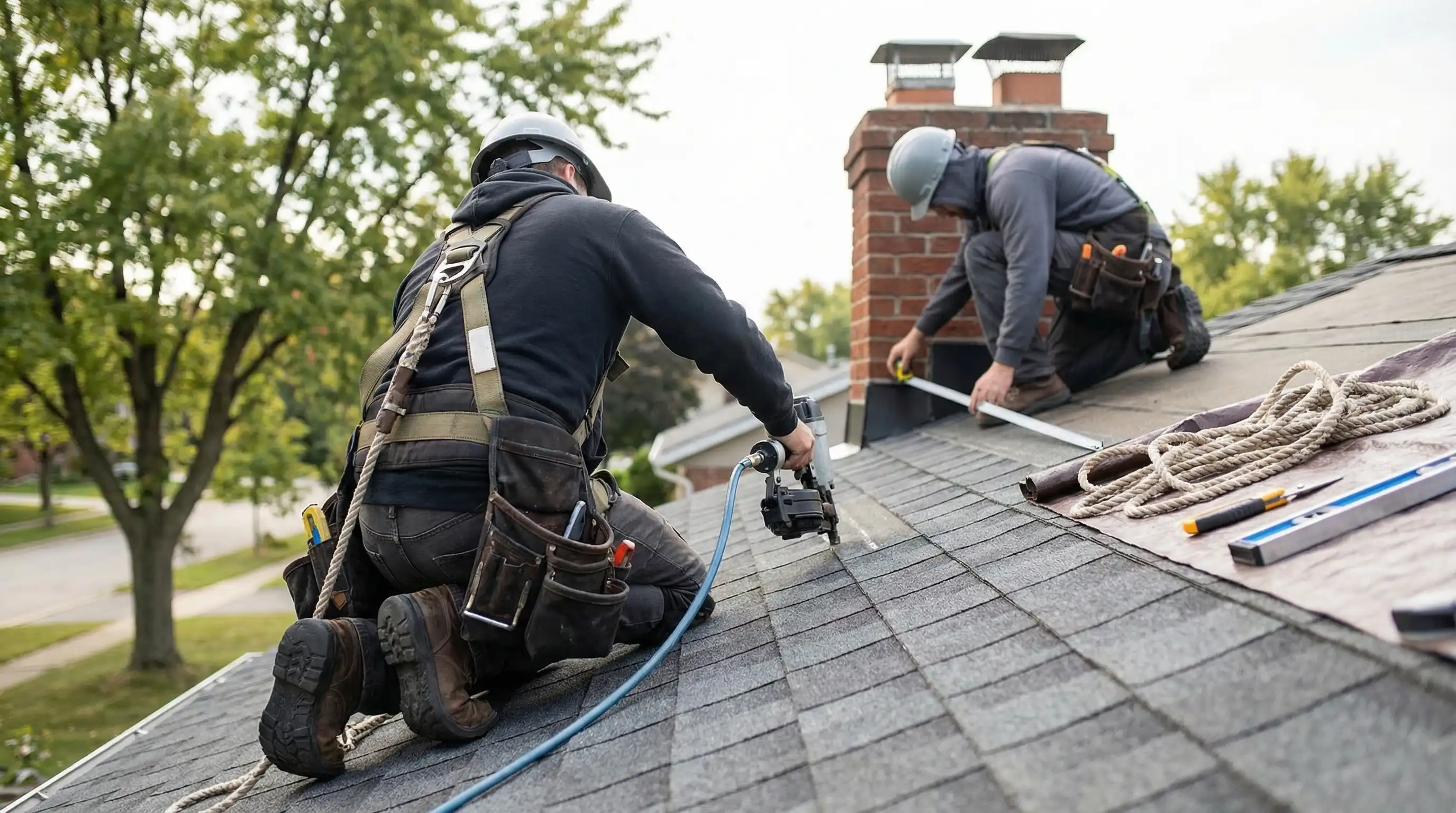 Professional roofing crew replacing shingles on a residential home in Fort Wayne, IN
