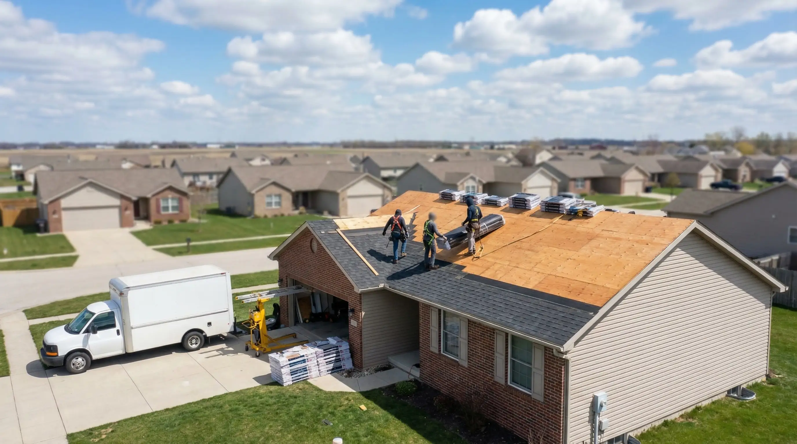 Professional roofing crew replacing shingles on a residential home in Fort Wayne, IN