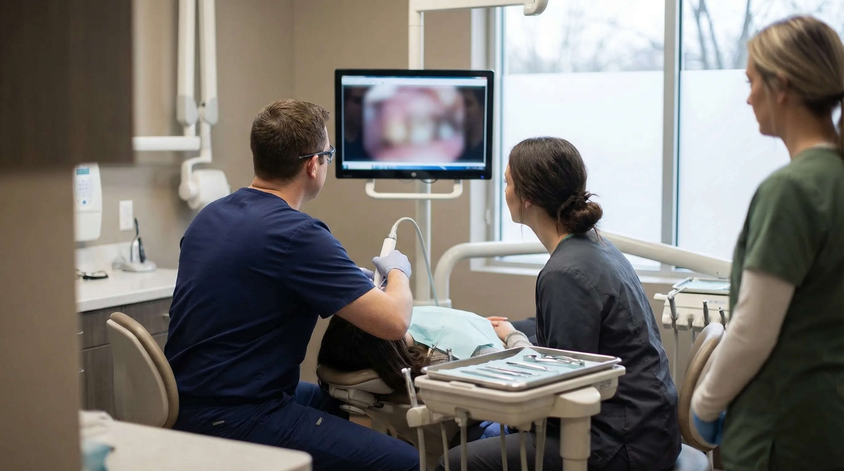 Modern dental office consultation room with dentist and patient in Fort Wayne, IN