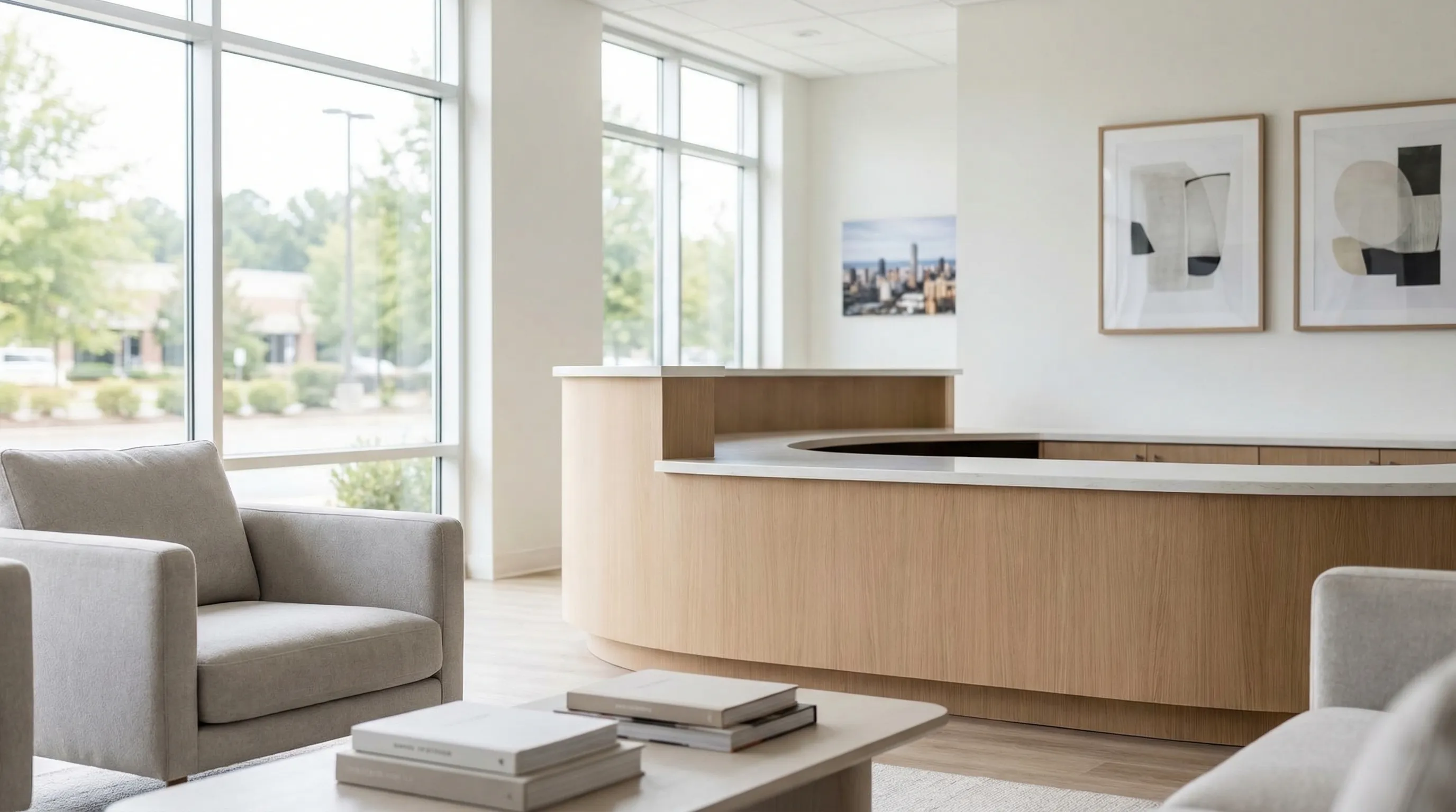 Modern dental office consultation room with dentist and patient in Fort Wayne, IN