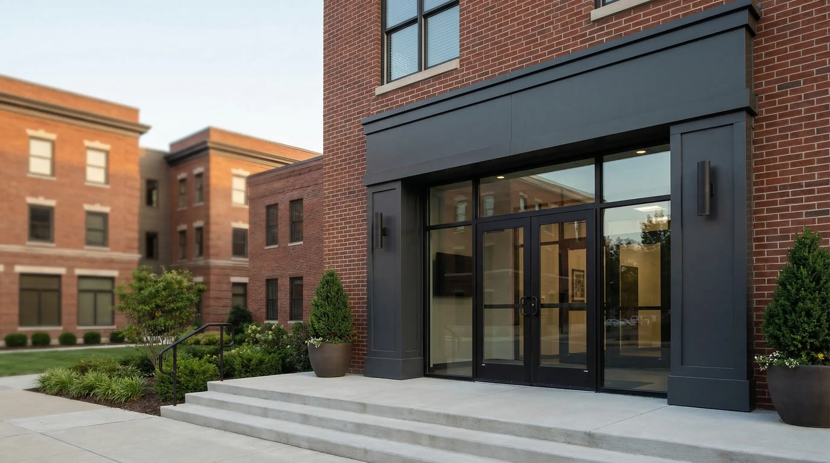 Professional law office exterior on downtown Fort Wayne street for legal PPC services