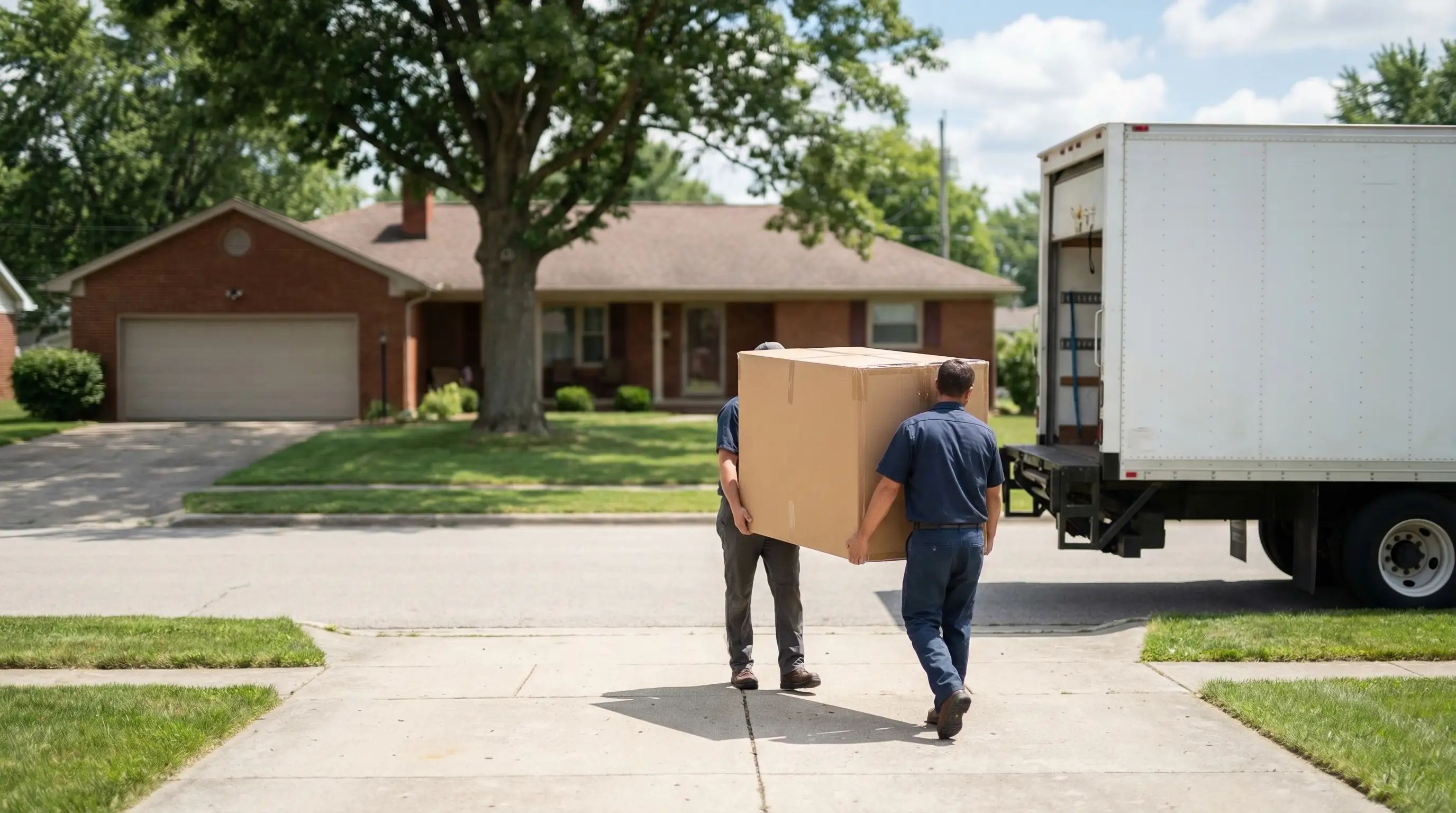 Professional moving truck and movers outside Fort Wayne IN residential home for moving company PPC