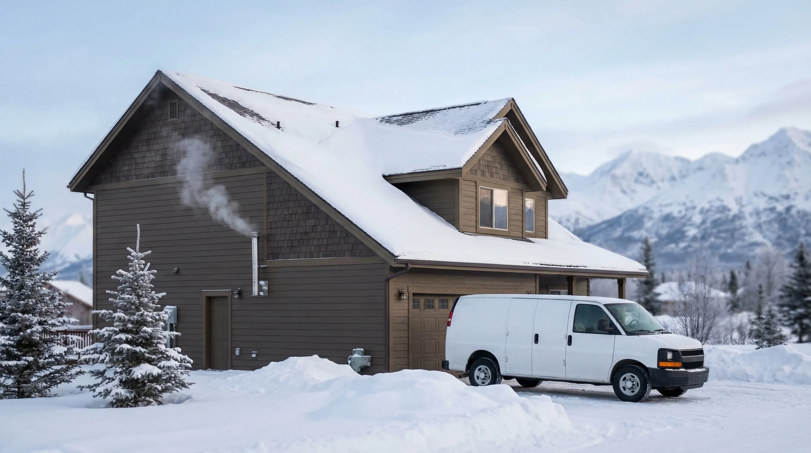 Professional HVAC technician inspecting a furnace system in an Anchorage, AK home during winter