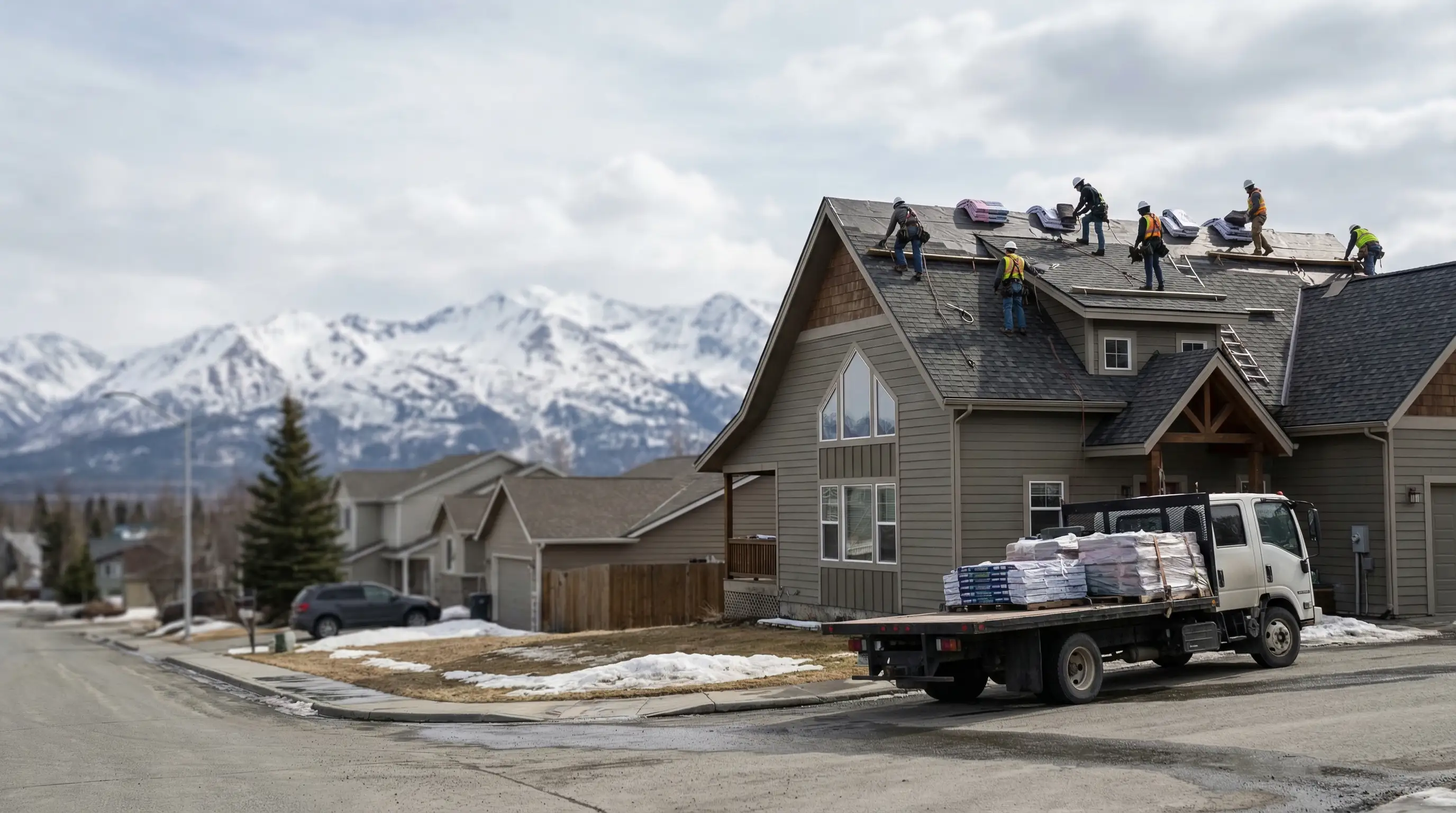 Professional roofing crew installing metal shingles on a residential home in Anchorage, AK with Chugach Mountains in background