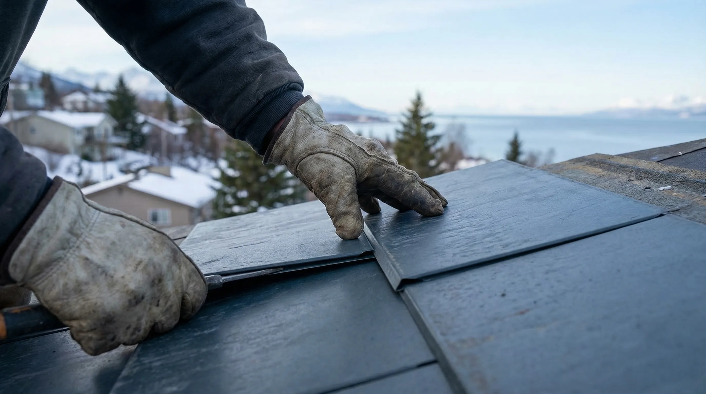 Professional roofing crew installing metal shingles on a residential home in Anchorage, AK with Chugach Mountains in background