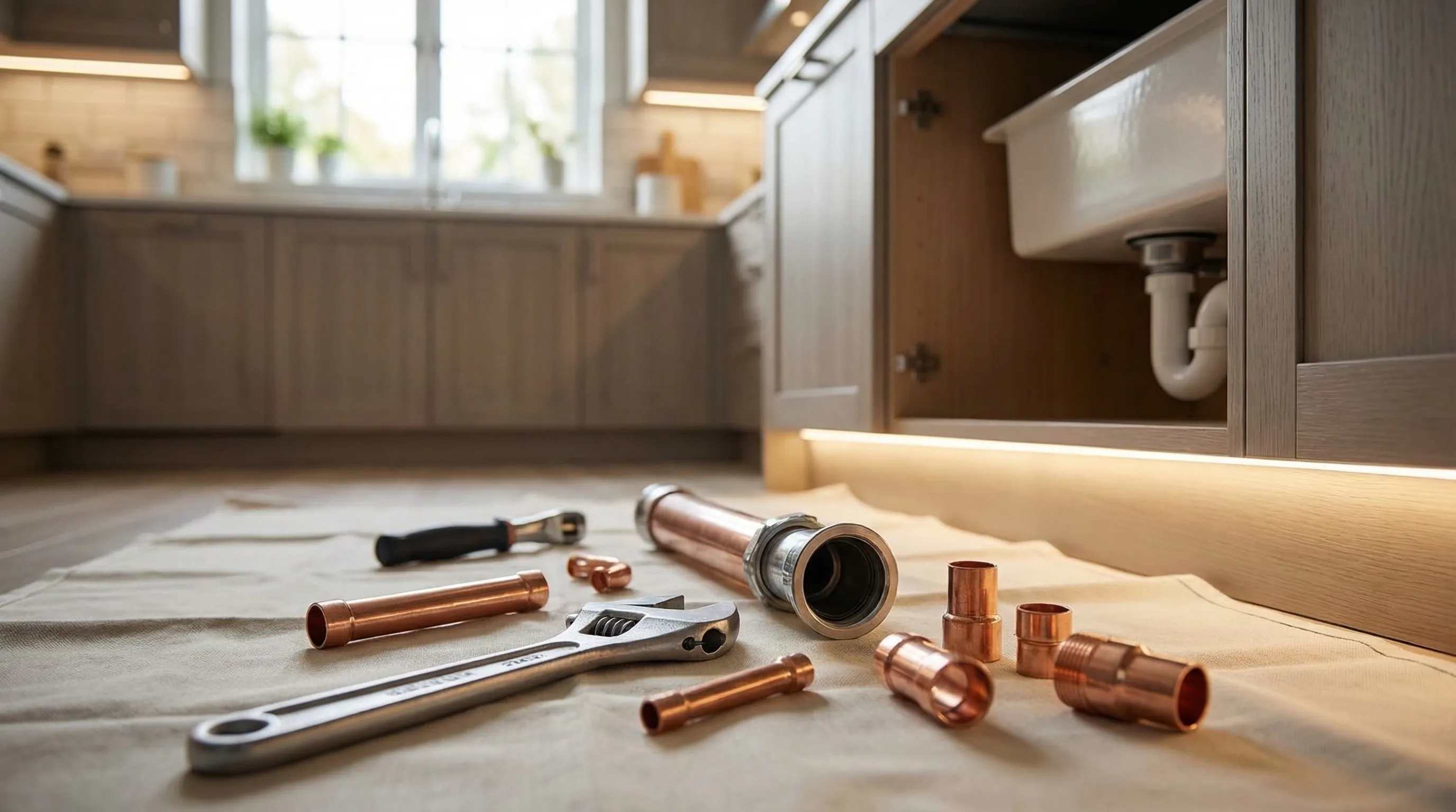 Licensed plumber repairing pipes in an Anchorage, AK home during winter emergency service call