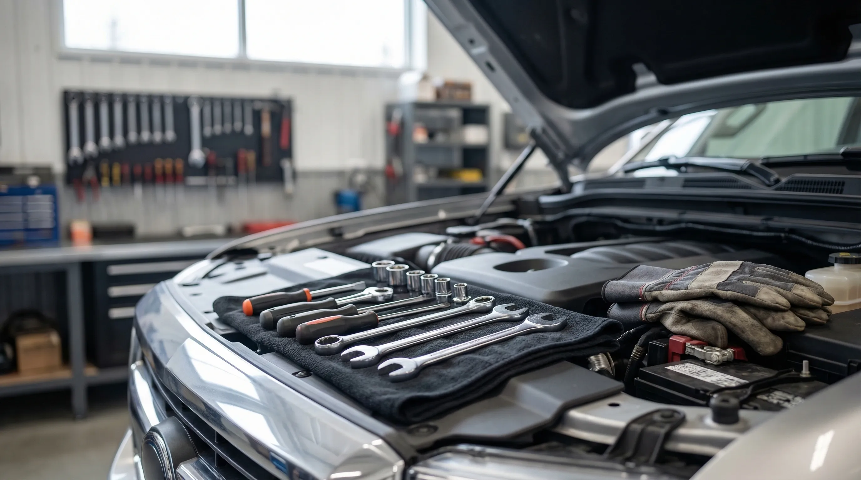 Auto mechanic working on a vehicle engine in a well-lit repair shop in Anchorage, AK on a winter morning