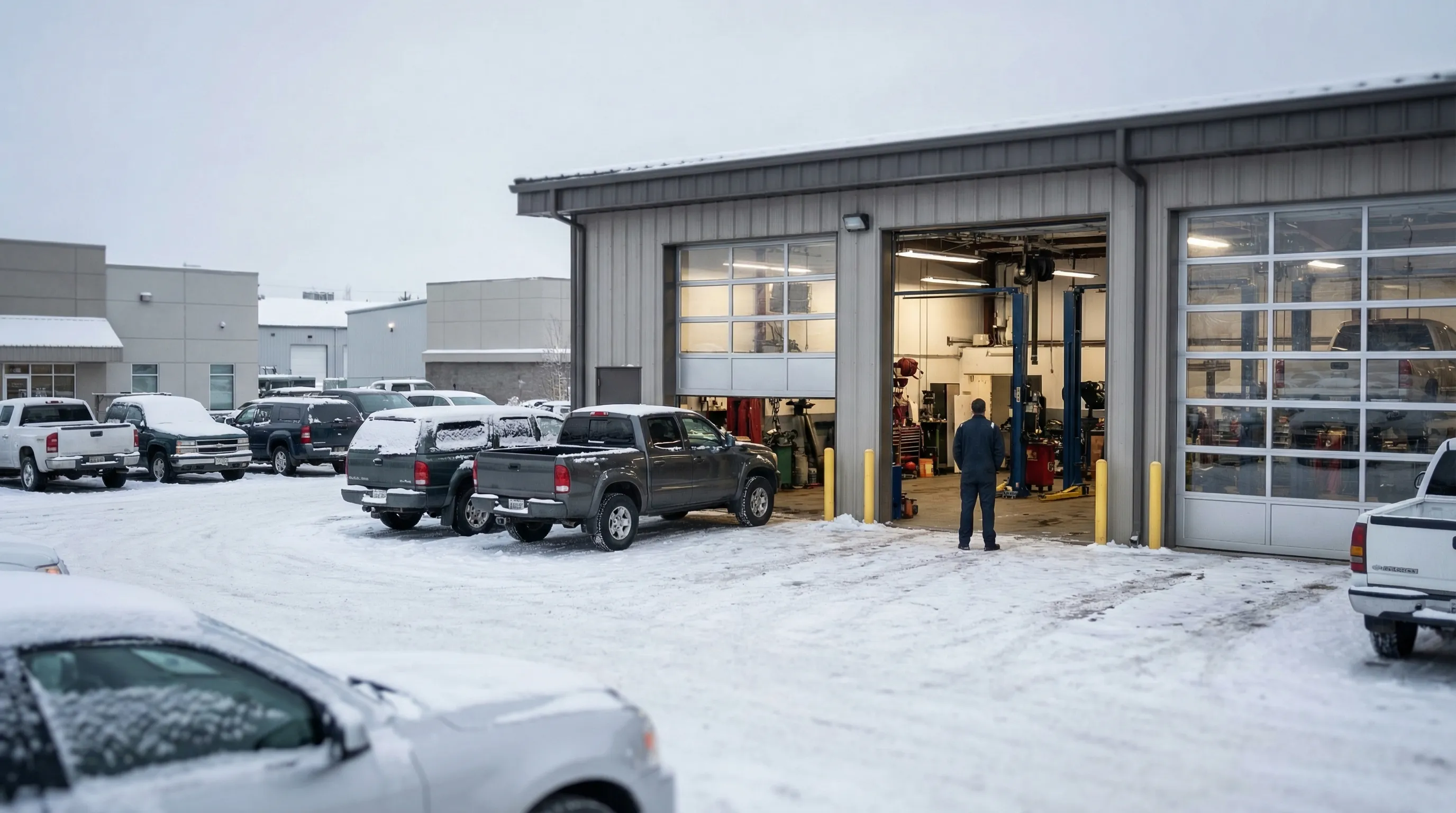 Auto mechanic working on a vehicle engine in a well-lit repair shop in Anchorage, AK on a winter morning