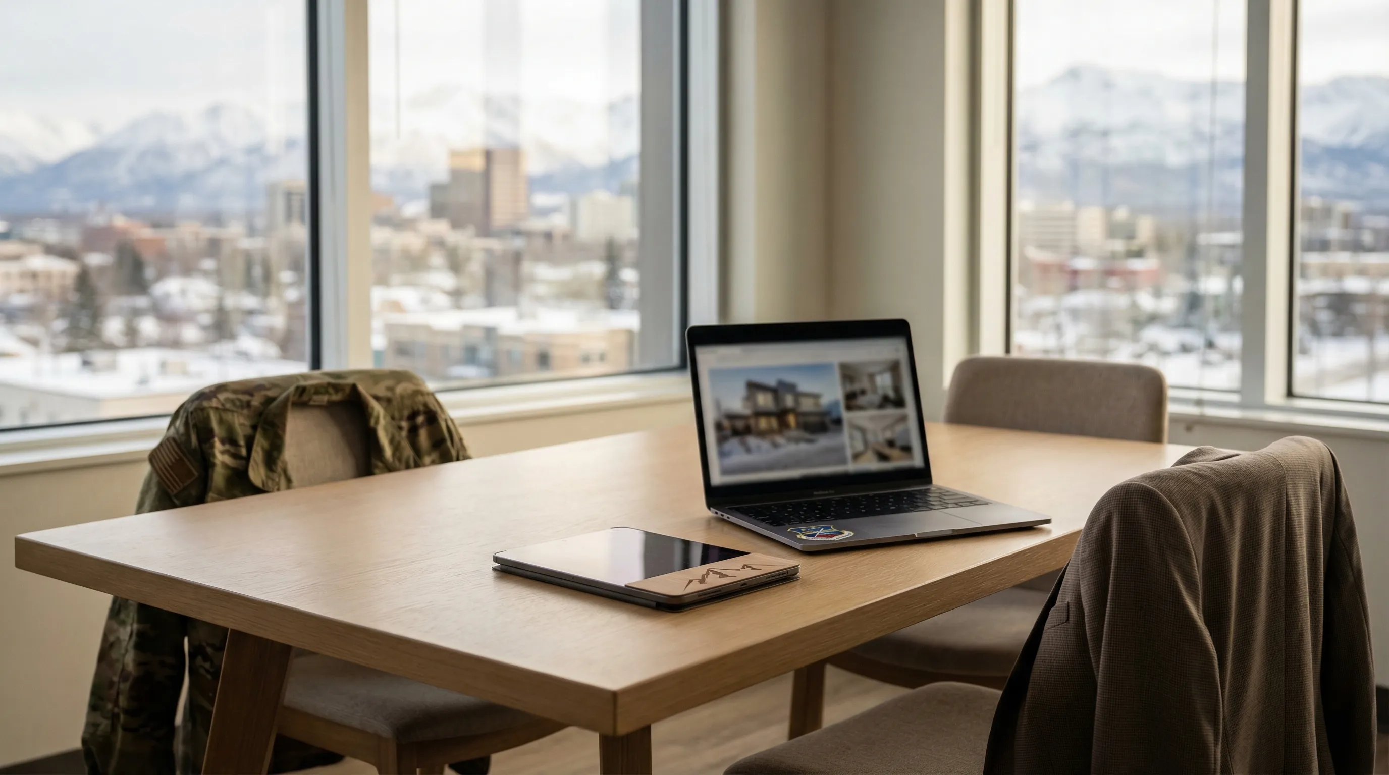 Real estate agent showing an upscale home in South Anchorage AK with Chugach Mountain views in the background