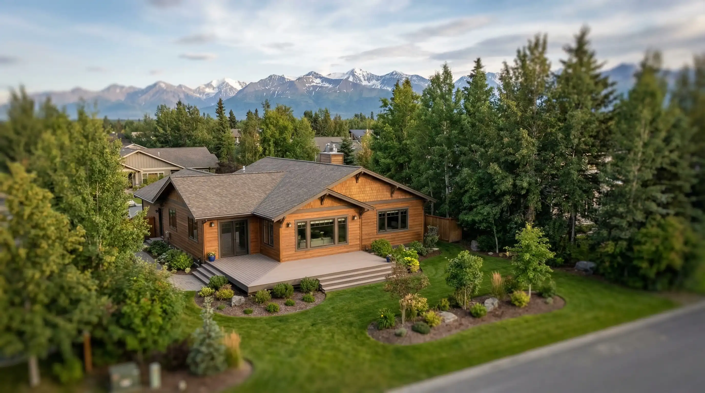 Real estate agent showing an upscale home in South Anchorage AK with Chugach Mountain views in the background