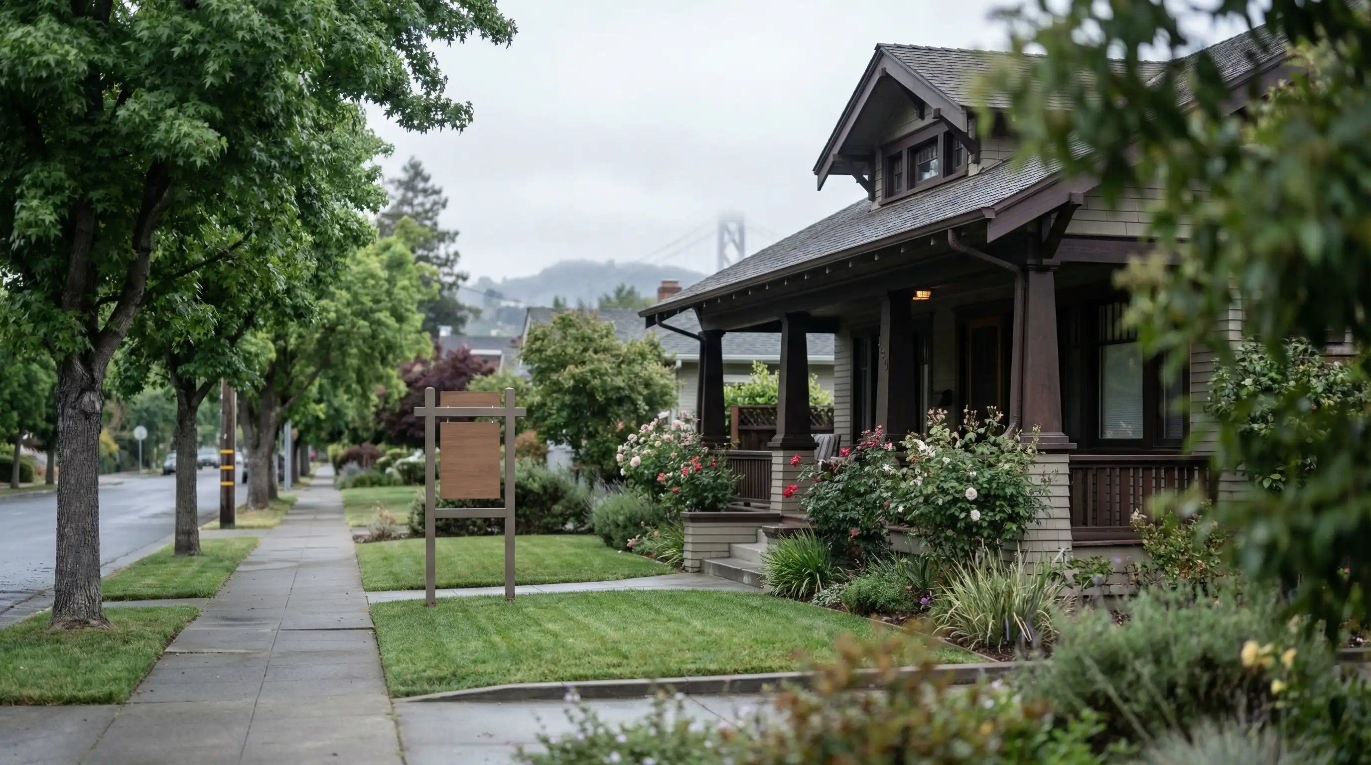 Professional real estate agent showing a Craftsman bungalow to buyers in the Rockridge neighborhood of Oakland, CA
